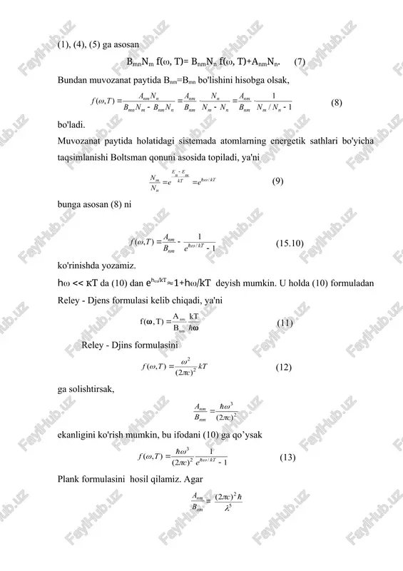 2o3 olingan bo'lib (rubin yoki qizil yoqut) kristall panjarasining ba'zi tugunlarida uch valentli cr3+(0,005%-xrom) joylashgan bu qizil yoqutning uzunligi 5 sm, diametri esa 1 sm bo'lgan sterjen ko'rinishidadir. uning asoslari o'zaro parallel va juda yaxshi silliqlangan. sterjenning bir tomoni nur o'tkazmaydigan kumush qatlami bilan qoplangan, ikkinchi tomoni ham xuddi shunday kumush bilan qoplangan bo'lib, bu tomon faqat 8 % nurni o'tkazadi, xolos. asbobning sxemasi 2 - rasmda keltirilgan. o'tish jarayoni esa quyidagicha: nurlanish yoqut tarkibidagi xrom ionlarini e0 asosiy energetik sathdan e1 va e2 uyg’ongan energetik sathlarga ko'taradi (2 - rasm). bu uyg’ongan sathlarning yashash davomiyligi ancha kichik (( (10 -7s). ulardan nurlanishsiz e1 va e2 sathlarga o'tish sodir bo'ladi. bir-biriga yaqin joylashgan bu sathlarning yashash davomiyligi anchagina katta (=5.10-3 s. bunday sathlarni metastabil sathlar deyiladi. metastabil sathlardagi ionlarning biroz spontan nurlanishi ham sodir bo'ladi. kristall o’qi bo'ylab harakatlanayotgan fotonlar qaytaruvchi asoslardan ko'p marta qaytadi, bu harakat davomida ko'p sonli …