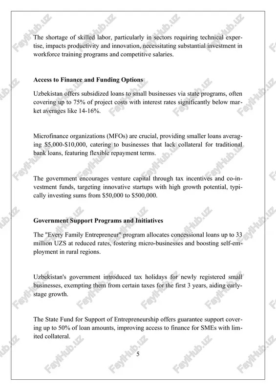 ke tax breaks and grants for smes adopting green technologies and resource-efficient operations by 2027. conclusion and recommendations streamlining regulations could boost small business registration by 15%, reducing informal activity and increasing tax revenue by approximately 8% annually. focusing on digital literacy programs can enhance e-commerce adoption by 20%, improving market access and business efficiency for small enterprises in uzbekistan. offering subsidized loans with interest rates below 10% to small businesses in rural areas can foster regional development and job creation by approximately 12%. conclusion uzbekistan's small businesses are vital for economic growth, offering entrepreneurship opportunities and job creation. further reforms and support are necessary to foster their development and competitiveness. references here are 5-10 references on small businesses in uzbekistan, formatted as requested: 1. adb. (2023). uzbekistan: small and medium-sized enterprise development program. asian development bank. [https://www.adb.org/projects/54095-001/main](https://www.adb.org/projects/54095-001/main) 2. oecd. (2020). supporting entrepreneurship and sme development in uzbekistan 0 0 …