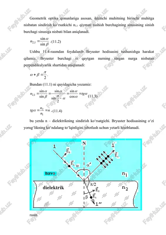qonunini yorug‘likni to‘lqin emas, balki korpuskulalar deb tasavvur qilish asosida chiqargan keyinchalik arago tomonidan o‘tkazilgan fotometrik o‘lchashlar malyus qonunini to‘g‘riligini tasdiqladi. shunday qilib, yorug‘likni elektromagnit nazariyasi orqali vektorni tashkil etuvchilarga ajratib malyus qonunini to‘la tushuntirish mumkin (rasm). rasm. malyus qonunini modeli 3. yorug‘likning ikkiga ajralib sinishidagi qutblanish xvii asrning oxirlaridayoq island shpati (saso3) kristalli nurni ikkiga ajratib sindirishi ma’lum bo‘lgan edi. bu hodisa yorug‘likni ikkiga ajralib sinishi deb nom oldi (11.8-rasm). rasm. yorug‘likning qo‘sh sinishi agar kristall tushuvchi nurga nisbatan aylantirilsa, kristalldan o‘tuvchi ikki nur ham aylanadi. fizik xususiyatlari yo‘nalishlariga bog‘liq bo‘lmagan muhit izotrop muhit deb, aksincha yo‘nalishlarga bog‘liq bo‘lgan muhit anizatrop muhit deb ataladi. izotrop muhitda (masalan, shisha plastinkada) yorug‘likning sinishi snellius qonuni deb ataluvchi sinish qonuniga bo‘ysunadi, ya’ni singan nur, tushuvchi nur va tushish nuqtasiga o‘tkazilgan perpendikulyar bir tekislikda yotadi. tushish burchagi sinusining sinish burchagi sinusiga nisbati ikkala muhit uchun o‘zgarmas kattalik. bu nisbat shu muhitning sindirish ko‘rsatkichiga …