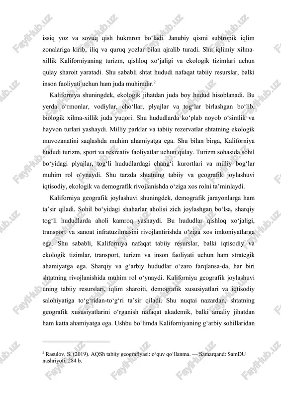 dqiqotlar va xavfsizlikni ta’minlash nuqtai nazaridan alohida ahamiyatga ega. sharqiy nuqta kaliforniyaning ichki hududini tashkil etadi, u yerda yashovchi aholi soni g‘arbiy sohillarga nisbatan kam bo‘lib, aholining asosiy qismi kichik qishloqlar va tog‘li hududlarda joylashgan. bu hududlar asosan qishloq xo‘jaligi va chorvachilik bilan shug‘ullanadi, chunki tog‘li relyef va quruq iqlim sanoat va keng ko‘lamli qishloq xo‘jaligiga to‘sqinlik qiladi. shu bilan birga, sharqiy nuqta suv resurslari va mineral zaxiralari bilan boy bo‘lib, ularning samarali ishlatilishi shtatning ichki hududlarni rivojlantirishga yordam beradi. daryolar va tabiiy suv havzalari shu hududning qishloq xo‘jaligi va ichimlik suvi ta’minotida muhim rol o‘ynaydi, ayniqsa qurg‘oqchilik davrlarida bu resurslar katta ahamiyatga ega bo‘ladi. sharqiy nuqta ekologik jihatdan ham o‘ziga xos xususiyatga ega. hududda tog‘li o‘rmonlar, cho‘l va vodiylar birlashib, biologik xilma-xillikni saqlashga xizmat qiladi. shu hududda yashovchi hayvon va o‘simlik turlari g‘arbiy sohilga nisbatan kamroq bo‘lsa-da, ularning tabiiy yashash sharoiti barqaror va zarar yetkazilmagan. shu sababli ushbu hududni …