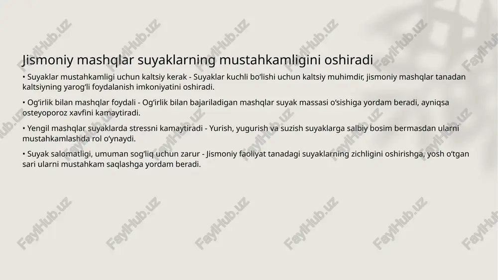liq bo'lgan. dastlab jismoniy harakatlar ov qilish va omon qolish uchun zarur bo'lgan bo'lsa, keyinchalik ular sport va sog'liqni saqlash tamoyillariga asoslangan amaliyot sifatida rivojlangan. zamonaviy jismoniy mashqlar sog'liqni yaxshilash, turli kasalliklarning oldini olish va psixologik barqarorlikni saqlashga xizmat qiladi. mashg'ulotlar turli jismoniy faoliyat turlari orqali amalga oshiriladi va ular insonning yoshiga, qobiliyatiga mosligiga qarab tanlanadi. foydalanilgan adabiyotlar • - 1. abdullaev, s.. (2018). *jismoniy mashqlarning inson psixologiyasiga ta'siri*. toshkent davlat pedagogika universiteti. 2. azimov, r.. (2020). *sport va jismoniy mashqlar: tarixi va rivojlanishi*. o'zbekiston milliy ensiklopediyasi. 3. karimov, n.. (2021). *jismoniy mashqlar va sog'liq: tadqiqotlar natijalari*. o'zbekiston sport tadqiqotlari markazi. 4. narziyev, m.. (2017). *jismoniy faoliyatning jamiyat taraqqiyotiga ta'siri*. jamiyat va sport journal. 5. rahimova, o.. (2019). *aerobika va jismoniy mashqlar metodologiyasi*. buxoro universiteti noshirlari. 6. turg'unov, f.. (2022). *jismoniy mashqlarning fiziologik xususiyatlari*. o'zbekiston fanlar akademiyasi. thank you for your attention! image2.jpg image3.jpg image4.jpg image5.jpg image6.jpg image7.png image8.jpg image1.png …