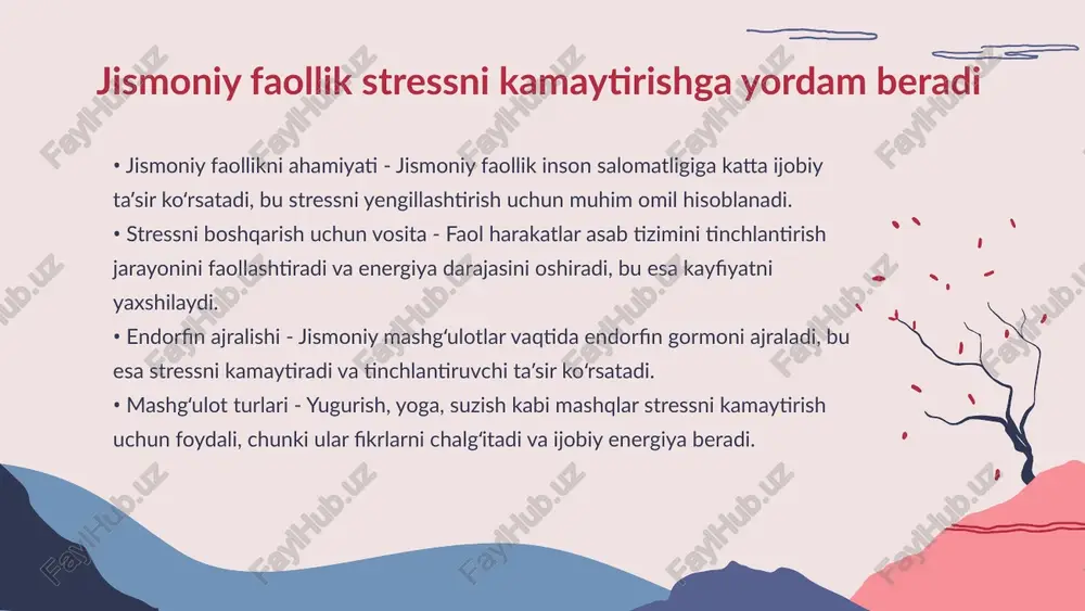 ham katta ahamiyatga ega bo'lib, ular orasida soglom hayotga qiziqishni oshirishni ta'minlaydi. shu bilan birga, jismoniy mashg'ulotlar ijtimoiy hayotda hamkorlik qobiliyatini rivojlantirishda muhimdir. xulosa • - 1. abdullayev, m.. (2018). *jismoniy tarbiya nazariyasi va amaliyoti*. toshkent davlat pedagogika universiteti nashri. 2. karimov, n.. (2020). *bolalarning jismoniy tarbiyasi: rivojlanish va vazifalar*. o‘zbekiston milliy ensiklopediyasi nashriyoti. 3. mamatqulov, a.. (2017). *jismoniy tarbiya darslarini tashkil etish usullari*. pedagogika fanlari bo‘yicha ilmiy jurnal. 4. nurmatov, s.. (2019). *o‘quvchilarda sog‘lom turmush tarzini shakllantirish*. toshkent texnologiya universiteti nashri. 5. ravshanov, d.. (2021). *jismoniy tarbiya va sportning psixologik ta’siri*. oliy ta’lim tadqiqotlari jurnali. 6. tursunova, z.. (2022). *jismoniy tarbiya: yangi pedagogik yondashuvlar*. pedagogika va innovatsiyalar nashriyoti. foydalanilgan adabiyotlar thank you for your attention! image1.jpg image2.jpg image3.jpg image4.jpg image5.jpg image6.jpg physical training