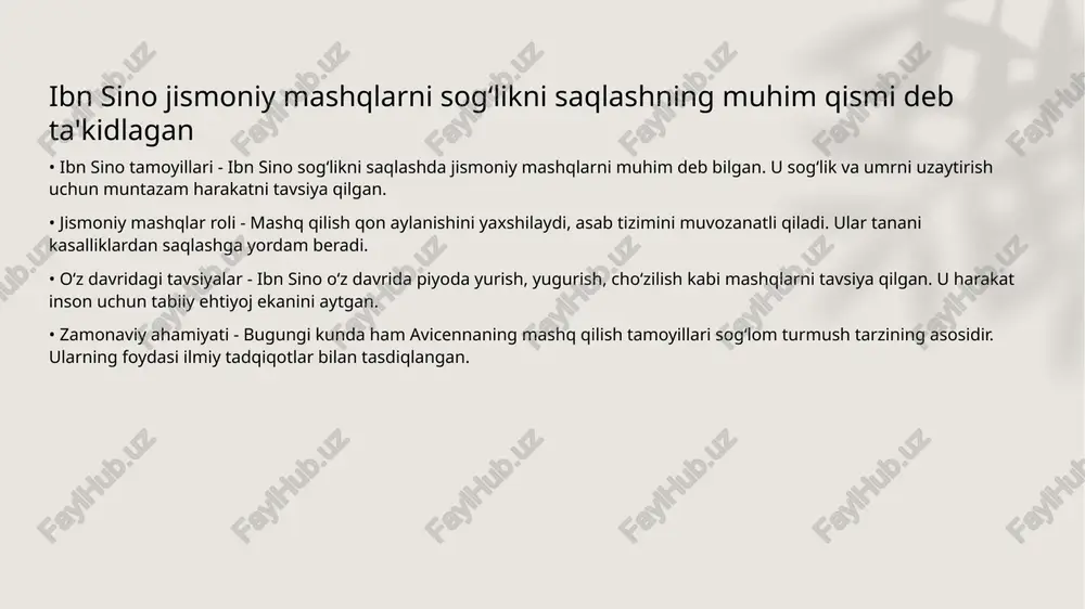 lash - jismoniy mashqlar yurak faoliyatini mustahkamlaydi hamda qon aylanishni normallashtiradi. tana og‘irligini me'yorda ushlab turish salomatlikka foydalidir. • ichki va tashqi muskul kuchayishi - harakatlar orqali mushaklar rivojlanadi, inson tanasi chiniqadi. bu jarayonda suyak va bo‘g‘imlar mustahkamlanadi. xulosa • sharq mutaffakirlarining jismoniy tarbiya haqidagi qarashlari - sharq mutaffakirlari jismoniy tarbiyani insonning sogʻlom hayot kechirishidagi muhim omil deb hisoblashgan. ularning qarashlarida jismoniy mashqlar bilan ruhiy va intellektual tarbiyaning uygʻunligi alohida taʼkidlangan. abu ali ibn sino, al-farobiy kabi mutaffakirlar jismoniy faollik sogʻliqni mustahkamlashda, aqliy faoliyatni rivojlantirishda va umumiy hayot sifatini oshirishda muhim ahamiyat kasb etishini oʻz asarlarida yoritib berganlar. jismoniy tarbiya insonning irodasini shakllantirishi, mehnatsevarlik va intizomni kuchaytirishi haqida fikrlar ilgari surilgan. sharq mutaffakirlari bu gʻoyalarni hayotiy tajribalarga asoslanib targʻib etgan hamda jismoniy tarbiyani oilada va jamiyatda keng joriy etishni taklif qilishgan. foydalanilgan adabiyotlar • - 1. abdullayev, s.. (2018). *sharq falsafasida jismoniy tarbiya masalalari*. toshkent davlat pedagogika universiteti nashriyoti. 2. …