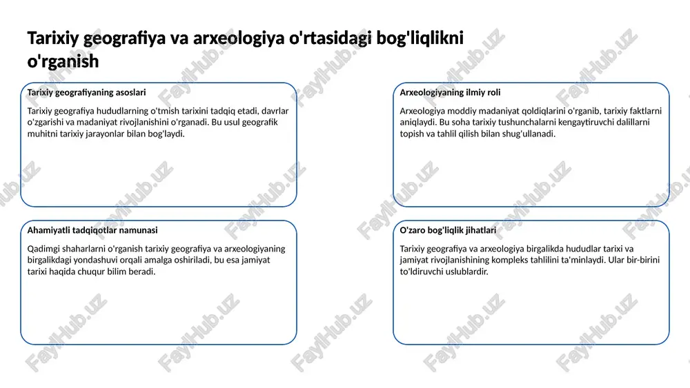 rivojlanishini o'rganish hududiy rivojlanishdagi ahamiyati transport tizimlari hududlar o'rtasidagi aloqalarni mustahkamlashda muhim omil bo'lib hisoblanadi. bu iqtisodiy va madaniy integratsiyaga yordam beradi. tarixiy geografiyada transport tizimlarining rivojlanishini o'rganish 10 sharq tarixiy geografiyasida ijtimoiy omillarni tahlil qilish geografik sharoitning ahamiyati sharq mamlakatlarining tabiiy resurslari va geografik joylashuvi ijtimoiy taraqqiyotga taʼsir koʻrsatgan, bu esa savdo yoʻllari va madaniy aloqalarga zamin yaratgan. sharq tarixiy geografiyasida ijtimoiy omillarni tahlil qilish ijtimoiy tabaqalanish roli jamiyatdagi tabaqalanish, hukmdor sinflari va qishloq xoʻjaligi omillari geografik rivojlanishga sabab boʻldi, iqtisodiy tizim shakllandi. sharq tarixiy geografiyasida ijtimoiy omillarni tahlil qilish savdo va aloqalar savdo karvonlari va madaniy almashinuv sharq tarixiy geografiyasida ijtimoiy jarayonlarni kuchaytirdi, uygʻonish bosqichlarini taʼminladi. sharq tarixiy geografiyasida ijtimoiy omillarni tahlil qilish urbanizatsiya jarayonlari shaharlarning rivojlanishi va aholi zichligi geografik omillar bilan bogʻliq, ular ijtimoiy va iqtisodiy markazlarga aylangan. 11 sharq tarixiy geografiyasida ilmiy tadqiqotlarning yondashuvlari ilmiy manbalar ahamiyati sharq tarixiy geografiyasini tadqiq etishda qadimgi yozma manbalar, …