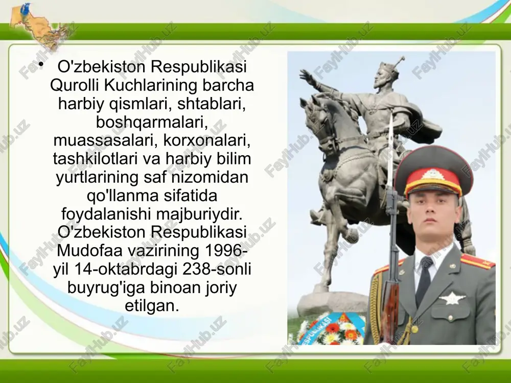 sh va oyoq tagini yerga bir tekis bosish lozim. qo'llarni yelkadan boshlab harakatlantirish, bunda qo'llar oldinga silkinganda, tirsakdan bukib, kaft kengligida kamar to'qasidan baland ko'tarilishi va shuncha masofadan gavdadan uzoq, tirsak esa qo'lining undan quyi qismi balandligida bo'lishi, qo'l yelka bo'g'inidan iloji boricha silkinishi kerak. panjalar yarim bukilgan holatda bo'lishi, boshni to'g'ri tutish va to'g'ri oldinga qarash lozim. turgan joyda yurish turgan joyda burilish joyida turib burilishlar «o'ng-ga», «chap-ga», «ort-ga» ko-mandalari bilan bajariladi. chapga va orqaga burilishlar chap qo'l tarafga chap oyoqning tovoni va o'ng oyoqning uchida o'ngga burilish esa o'ng qo'l tarafga o'ng oyoqning tovoni va chap oyoqning uchida bajariladi. burilishlar — ikki bosqichda bajariladi: birinchi bosqich — gavdani to'g'ri tutgan holda burilish va tizzalarni bukmasdan gavdaning og'irligini oldinda turgan oyoqqa o'tkazish. ikkinchi bosqich — eng qisqa yo'l bilan ikkinchi oyoqni birinchisining yoniga qo'yish. yurish safi yurish safi — unda seksiya kolonnaga tiziladi yoki seksiyalar nizom yoki komandir belgilab …