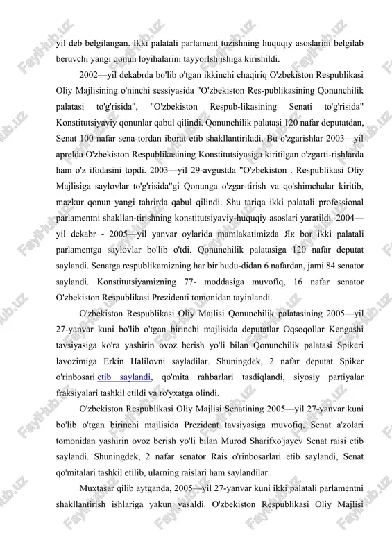 o'zbekiston respublikasi oliy majlisi senatining 2005—yil 27-yanvar kuni bo'lib o'tgan birinchi majlisida prezident tavsiyasiga muvofiq, senat a'zolari tomonidan yashirin ovoz berish yo'li bilan murod sharifxo'jayev senat raisi etib saylandi. shuningdek, 2 nafar senator rais o'rinbosarlari etib saylandi, senat qo'mitalari tashkil etilib, ularning raislari ham saylandilar. muxtasar qilib aytganda, 2005—yil 27-yanvar kuni ikki palatali parlamentni shakllantirish ishlariga yakun yasaldi. o'zbekiston respublikasi oliy majlisi qonunchilik palatasi va senati tashkil etildi va faoliyat yutitmoqda. ikki palatali parlamentning tashkil etilishi natijasida qonun chiqaruvchi, ijro etuvchi va sud hokimiyati o'rtasida vakolatlar yanada demokratik asosda qayta taqsimlandi. parlamentning jamiyat hayotidagi roli ortdi. prezident vakolatlarining bir qismi -davlat, sud tizimi va maxsus xizmatlarning rahbarlarini, chet ellar vaxalqaro tashkilotlardagi diplomatikvakillarni tayinlash vatasdiqlash senat tomonidan amalga oshirilmoqda. vazirlar mahkamasi. o'zbekistonda boshqaruv tizimi tubdan isloh qilindi. milliy davlatchilik an'analarini o'zida mujassamlashtirgan ijroiya hokimiyat - vazirlar mahkamasi tuzildi. o'zbekiston respublikasi vazirlar mahkamasi ijro etuvchi hoki-miyatni amalga oshiradi. o'zbekiston respublikasi vazirlar mahkamasi …