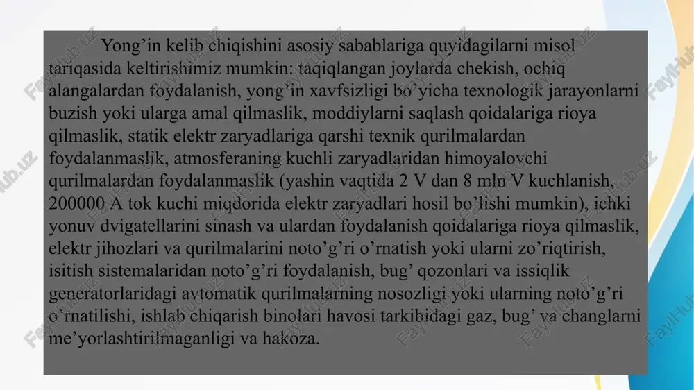 iradi; ii darajali yong’inga chidamli binolarga konstruktiv elementlari yonmaydigan, yuqori chidamlilik chegarasiga (0,25-2,0 soat) ega binolar kiradi; iii darajali yong’inga chidamli bino va inshootlar yonmaydigan va qiyin yonuvchi materiallardan tayyorlanadi; iv darajali yong’inga chidamli binolarga barcha konstruktsiyalari qiyin yonuvchi materiallardan tayyorlangan binolar kiradi; v darajadagi binolarga esa barcha konstruktsiyalari yonuvchi materiallardan tashkil topgan binolar kiradi. talab etilgan yong’inga chidamlilik darajasi bino va inshootlarning konstruktsiyasi, vazifasi, necha kavatliligi, texnologik jarayonlarni yong’inga xavfliligi va yong’inni avtomatik o’chirish vositalarini mavjudligiga bog’liq holda belgilanadi. yog’och va boshqa yonuvchi konstruktsiyalarning yong’inga chidamlilik darajasi bir necha yo’llar orqali oshirilishi mumkin, jumladan: 1 m2 yuzadagi yog’och konstruktsiyaga 75 kg quruq tuzning suvdagi aralashmasini singdirish yoki 1 m2 yog’ochga 50 kg quruq tuzni issiq-sovuq vannalarda singdirish orqali; yong’indan himoyalovchi tuzlarning suvdagi aralashmasi bilan (100 gr quruq tuz 1 m2 yuzaga) moddiylarga yuza ishlov berish; yong’indan himoyalovchi bo’yoqlar, suyuq shisha, tuproqli aralashma va boshqa shu kabilar bilan yuza ishlov …