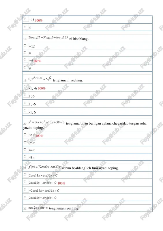 aytirilsa, musbat hadli geometrik progressiya hosil bo`ladi. arifmetik progressiyaning ikkinchi hadini toping. 27 15 100% 12 14 30 bo`luvchi 4/3 marta orttirilsa, bo`linuvchining esa 1/3 qismi yo`qotilsa, bo`linma qanday o`zgaradi? o`zgarmaydi 0,(8) marta oshadi 2 marta kamayadi 100% 25\% ga oshadi 31 tenglamani yeching. 100% 1 3 32 teng yonli trapetsiyaning o`tmas burchagi uchidan tushirilgan balandlik katta asosni 3 dm va 6 sm li kesmalarga ajratsa, trapetsiyaning kichik asosini toping. 2,7 dm 3 sm 2,4 dm 100% 2,4 sm 33 radiuslari =1 sm va =3 sm bo`lgan aylanalar tashqi ravishda urinadi. aylanalar urinish nuqtasidan ularning umumiy urinmalarigacha bo`lgan masofani (sm) toping. 3/2 100% 4/5 5/6 2/3 34 nuqtaning absissa, ordinata o`qlariga va koordinata boshiga simmetrik bo`lgan nuqtalarni tutashtirishdan hosil bo`lgan uchburchakning eng katta tomonini toping. 24 12 10 100% 14 35 konus o`q kesimining perimetri 72 ga, uning balandligi 24 ga teng. uning hajmini toping. 100% 36 tenglamani yeching agar …