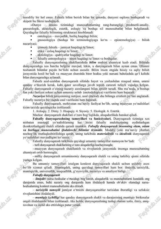 bki shakllari mif va din, falsafa va fan bo‘lib, bu hol insoniyat tadrijiy rivojlanishining umumiy mantiqi bilan mushtarakdir. ko‘nikmalar, tajriba va oddiy bilimlar to‘planishiga qarab, nafaqat ularni avloddan avlodga o‘tkazish muammosi yuzaga kelgan, balki ibtidoiy odamlarning dunyoqarashi ham murakkablashib borgan. bu dunyoqarash rivojlanishining muayyan bosqichida, to‘plangan bilimlarning «yuqori bosqichiga» yetilgach, boshqa har qanday murakkab tizimda bo‘lganidek, dunyoqarashda ham o‘zini o‘zi tashkil etish qonunlari amal qila boshlagan. mifologik dunyoqarash. «mif» tushunchasi yunoncha mythos so‘zidan kelib chiqqan bo‘lib, afsona, rivoyat degan ma’noni anglatadi. mif –turli xalqlarning dunyoning kelib chiqishi, tabiat hodisalari, fantastik mavjudotlar, xudolar va qahramonlarning ishlari haqidagi tasavvurini ifodalovchi muayyan tarzda tizimga solingan dunyoqarashdir. mifda bilimlar, diniy e’tiqodlar, ma’naviy madaniyatning turli elementlari, san’at, ijtimoiy hayot kurtaklari birlashgan bo‘lib, shu tariqa ibtidoiy odamlar dunyoqarashi muayyan darajada tartibga kelgan, ularning dunyo haqidagi qarashlari esa qisman tizimga solingan. mazkur tizimga solishning muhim shakllari epos, ertaklar, afsonalar, rivoyatlar bo‘lib, miflar avvalo ular orqali ifodalanadi. shu …