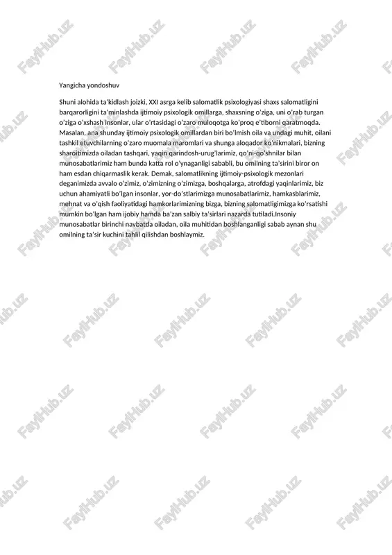 , shaxsan o`zimiz ma`naviy, ruhiy aspektlar tushunchalarini chuqur anglagan holda,ularning ahamiyatini va har birimizning hayotimizda tutgan o`rnini his qilishimiz. manaviy aspekt ma`naviyat bu har birimizning ichki dunyoyimiz. tarbiya, bilim, saviya, dunyoqarash, umumiymadaniyat, tolerantlik, o`z fikrini to`g`ri ifoda eta olish, mantiqan fikrlay olish, oila a`zolarining harbirini roli, insonning jamiyatda, davlatda tutgano`rni – bularning bari manaviyatni ta`riflovchisifatlardir. inson bir umr jamiyatda, ijtimoiy muhitdayashaydi, shuning uchun har birimizning ma`naviy shakllanib borishimiz oilamizga, jamiyatga va davlatimiz obro`siga, ravnaqigaetishi mumkin. ma`naviyat masalasini to`g`ri tushunish va to`g-ri baholash har fuqaro vaumuman aholi uchun sttning asjsi hisoblanadi. ruhiy aspekt aql va fikrlash jarayonlarini-mantiq fanio’rganadi, inson irodasi-etika faniga taaluqli, his tuyg’ular –estetika fani o’rganadi, buzanjirdagi so’nggi ikkita halqani psixologiyafaniga ham kiritish mumkin. aynanpsixologiya sttsh da ikkinchi muhim aspektbo’lib hisoblanadi. shu bilan birga psixologiyainson tafakkurining tashqi dunyoga bo’lganta’sirini ham o’rganadi. ruhiy aspekt sttsh da alohida etiborga ega va ma’naviyat bilanuzviy bog’liqdir 3.salomatlik haqida so’z borar ekan, uning eng avvalo …