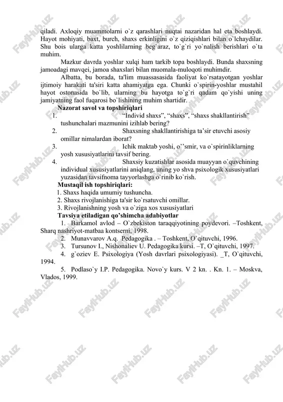 am bolani tarbiyalash zarurligini uqtirib o`tganlar. bolaning o`ziga xos xususiyatini hisobga olish juda murakkab. chunki bir xil yoshdagi bolalar ham psixik jihatdan turlicha bo`lishi mumkin. masalan, ko`rish va eshitish qobiliyati, faolligi, tez anglash, sust fikr yuritishi, hovliqma yoki vazminligi, sergap yoki kamgapligi, serg`ayrat yoki g`ayratsizligi, yalqov yoki tirishqoqligi, pala-partish va chala ishlaydigan, yig`inchoqligi yoki ishga tez kirishib ketishi kabilar nerv faoliyati tizimining ta'siri bo`lib, o`qituvchi yoki tarbiyachi ularni bilishi zarur. bolaning individual – o`ziga xos xususiyatini bilish uchun temperamentning umumiy tiplari va bolaning o`ziga xos xususiyatini o`rganish, metodikasini bilish muhim. temperament (lot. “temperamentum” “qismlarning bir-biriga munosabati” ma'nosini anglatib, shaxsning individual psixologik xususiyatlari majmuidir. shuningdek, turli yosh davrlarining o`ziga xos rivojlanish qonuniyatlari ham mavjud. bolaning jismoniy va psixik kamoloti quyidagi davrlarga bo`linadi: 1. go`daklik davri – chaqaloqlik (1 oy) davri tugagandan to bir yoshgacha bo`lgan davr. 2. bog`chagacha bo`lgan yosh davri – 1 yoshdan 3 yoshgacha. 3. maktabgacha bo`lgan yosh davri …