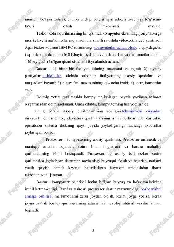 mpyuterga turli shakldagi axborotlar kiritishning yo'llaridan biri klaviaturada joylashgan tugmalar ko'magida amalga oshiriladi. aniq bir tugmani yoki tugmalar birikmasini bosilishiga aynan mos ikkilik kodni kiritilishiga olib keladi, buning boisi shifrlovchi deb yuritiladigan - mikrosxema ma`lum bir tugma bosilishida hosil bo'ladigan signalni ikkilik kodga aylantirib beradi. monitor kompyuterning ish jarayonida vujudga keladigan axborotlarning zarur qismini ekranda yoritib berishni ta`minlaydi. monitor matn yoki grafik rejimda ishlaydi. matn rejimida ekran belgi o'rinlari deb yuritiluvchi alohida qismlarga bo'linadi. grafik rejimda ekran piksel deb ataluvchi nuqtalar to'plamidan tashkil topadi. ikkala rejimda ham belgi yoki pikselning ranglari, fonning rangi, ravshanligi va boshqa parametrlar xaqidagi ma`lumotlar videoxotirada saqlanadi. monitordagi piksellarning umumiy miqdori monitorning imkon darajasi, deb ataladi. hozirgi davrda keng tarqalgan monitorlarni tavsiflovchi jadvalni keltiramiz. bu erda belgi o'rinlarining miqdori ekrandagi satr va ustunlardagi belgi o'rinlarning miqdorlari ko'paytmasi hamda piksellar soni gorizontal va vertikal bo'yicha piksellar sonining ko'paytmasi shaklida berilgan monitor nomi matn rejimi grafik rejimi ranglar …
