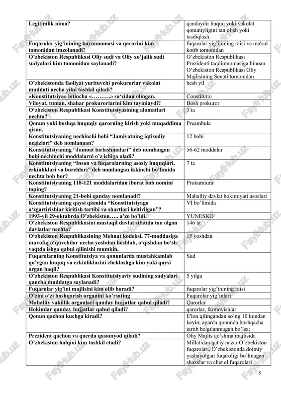 o’pini konstitutsiyaga o’zgartirish kiritish uchun qonunchilik palatasi deputatlarining qancha ovozi talab etiladi? uchdan ikki qismi qonunchilik palatasining ishi palata barcha deputatlarining qanday faoliyat ko’rsatishiga asoslanadi? professional, doimiy senat tomonidan rad etilgan qonun qanday tartibda qabul qilinadi? agar qonunchilik palatasi deputatlari umumiy sonining 2/3 qismi qonunni ma'qullasa; quyidagilardan qaysi biri prezident vakolatiga kirmaydi? davlat mukofotlari va unvonlarini ta'sis etish. vazirlar mahkamasi qanday hujjatlar qabul qiladi? qaror, farmoyish mahalliy hokimiyat organlarining konstitutsiyaviy vazifalarini aniqlang? hududlarni iqtisodiy, ijtimoiy va madaniy rivojlantirish xalq deputatlari kengashlari va hokimlarning munosabati nimaga asoslanadi? o’zaro hamkorlikka mahalliy hokimiyat organlarining konstitutsiyaviy vazifasini ko’rsating. qonuniylik, huquqiy - tartibotni va fuqarolarning xavfsizligini ta'minlash xalq deputatlari viloyat kengashlari deputatlariga nomzodlar ko’rsatish huquqi kimlarga berilgan? siyosiy partiyalarga o’zbekiston respublikasi konstitutsiyaviy sudining sudyalari necha kishidan iborat? rais, uning o’rinbosari va beshta sudyadan. sud hokimiyati kimga bo’ysunadi? sud hokimiyati mustaqil bo’lib faqat qonunga bo’ysunadi o’zbekiston respublikasida tuman va shahar sudyalari kim tomonidan tayinlanadi? o’zbekiston respublikasi …