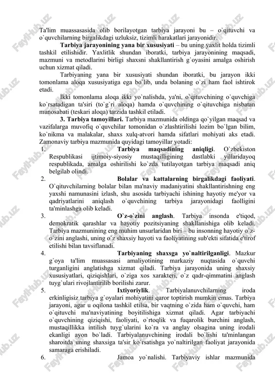 ga kiritilayotgan yutuqlar, yangilik va kashfiyotlardan boxabar etish, ularga ijtimoiy va tabiiy fanlar asoslari xususidagi bilimlarni berish tarzida tafakkurni shakllantirish, dunyoqarashini rivojlantirish; 3) jismoniy tarbiyani tashkil etish jarayonida – o`quvchilarni o`z sog`liqlarini saqlash va mustahkamlash, organizmni chiniqtirish, jismoniy jihatdan to`g`ri rivojlanishi hamda uning ishchanlik qobiliyatini oshirish borasida g`amxo`rlik qilish tuyg`usini yuzaga keltirish, ularda yangi harakat to`rlari borasida ko`nikma va malakalarni hosil qilish, ularni maxsus bilimlar bilan qurollantirish, o`quvchilarning yoshi, jinsiga muvofiq keladigan (kuch, tezkorlik, chaqqonlik, chidamlilik, sabot, mehnat, chidam, iroda va xarakterni qaror toptirish) asosiy harakat sifatlarini rivojlantirish, ularda shaxsiy gigienani saqlashga nisbatan ongli munosabatlarni tarbiyalash; 4) estetik tarbiyani olib borish jarayonida – o`quvchilarda estetik his-tuyg`u, estetik didni tarbiyalash, ularning ijodiy qobiliyatlari, estetik ehtiyojlari va go`zallikni sevish, go`zallikka intilish tuyg`ularini rivojlantirish, estetik madaniyatni shakllantirish; 5) ekologik tarbiyani olib borish chog`ida – o`quvchilarga ekologik bilimlar berish asosida shaxs, jamiyat va tabiat birligi hamda aloqadorligini o`quvchilarga tushuntirish, ularda ekotizimning inson, insoniyat, jamiyat …