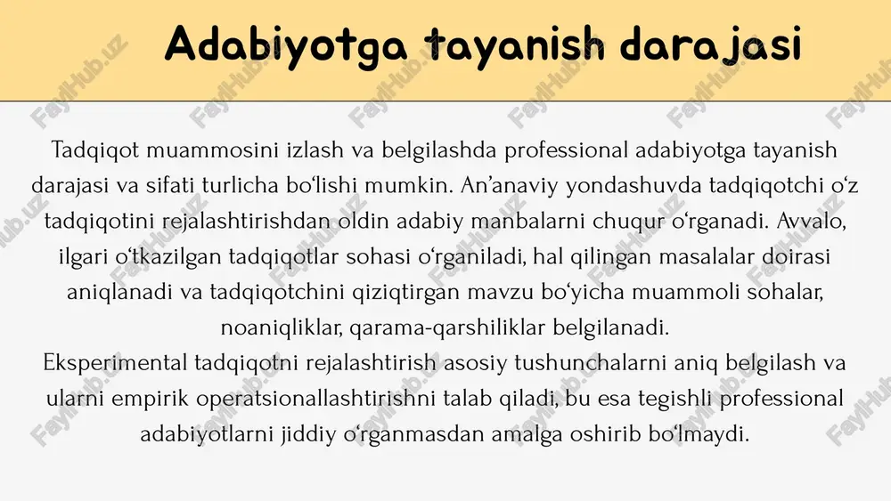 uzatuv, kvazieksperiment, eksperiment — tasvirlanadi. tor ma’noda esa “eksperimental tadqiqot” deganda faqat eksperiment metodi yordamida ma’lumot to‘plashga asoslangan empirik tadqiqot tushuniladi. eksperiment metodining o‘ziga xosligi shundaki, u o‘zgaruvchilar o‘rtasidagi sabab-oqibat bog‘liqlikni tekshirish imkonini beradi. tor ma’nodagi eksperiment — bu empirik metod hisoblanadi. eksperimentning validligi o‘zgaruvchilar o‘rtasidagi bog‘liqlik, ayniqsa nazariyaning maqomi haqida xulosa chiqarish faqat eksperiment validlik talablariga javob bergan taqdirdagina mumkin bo‘ladi. validlik — bu eksperimentni rejalashtirish va eksperimental dizaynni tanlashda tadqiqotchi e’tibor qaratishi kerak bo‘lgan nazorat tamoyili hisoblanadi. psixologiyada validlik umumiy ma’noda tadqiqot vositalarining adekvatligi va asoslanganligi sifatida talqin qilinadi. validlik tadqiqot natijalariga ishonch bildirish imkonini beradi. shunga ko‘ra, eksperimentning validligi — bu eksperiment sifatining darajasi bo‘lib, u chiqarilgan xulosalarning asoslanganligini kafolatlaydi. r. gottsdanker (1982) “ideal eksperiment” tushunchasini kiritadi — bu fikriy idealizatsiya bo‘lib, real eksperimentni baholashda mezon sifatida xizmat qiladi. gottsdankerdan ko‘ra, ideal eksperiment quyidagi uch shartga javob beradi: 01 02 03 ideal eksperiment — ya’ni, barcha tasodifiy …