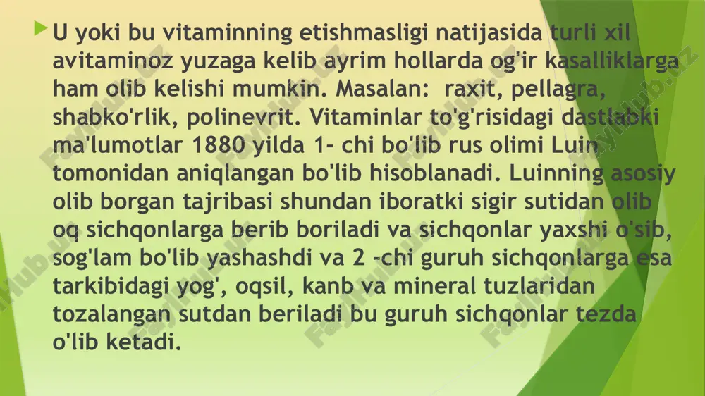 maslik, ortiqcha tuz, spirtli ichimliklar va shakar iste’mol qilish. ammo kuniga 2,5 litr suv ichish va yuqoridagi mahsulotlar iste’molini to‘xtatishdan keyin ham shish yo‘qolmasa, muammo katta ehtimollik bilan vitamin yetishmasligidandir. mushaklar zaifligi . vitamin yetishmasligining yana bir alomati bo‘g‘imlarning to‘satdan zaiflashuvi, uyqusizlik, barmoq uchi yorilishi, harakatning sustlashuvidir. ushbu alomatlar ancha jiddiy vitamin yetishmasligidan darak beradi. shuning uchun yuqoridagi alomatlar paydo bo‘lganidan darhol shifokorga murojaat qilish tavsiya etiladi. sochlar va tirnoqlar mo‘rtlashuvi. vitamin yetishmasligi tufayli tirnoqlar xira va mo‘rt bo‘lib qoladi. ularni parvarishlaydigan mahsulotlar bunga yordam bermaydi. vitamin yetishmasligidan tirnoq plastinkasining oqarishi, chuqurcha yoki dog‘lar paydo bo‘ladi. shuningdek, bu davrda sochlarning ko‘p to‘kilishi, xiralashi kuzatiladigan holat hisoblanadi. yomon konsentratsiya . vitamin yetishmasligi hattoki asab tizimiga ham ta’sir qiladi. ish unumdorligining pasayishi, diqqatni jamlash va xotiraning sustligi, charchoq va asabiylik kuzatilishi mumkin. agar ilgari qilingan ishning uchdan biriga ham kuch yetmasa, demak, shifokor ko‘rigidan o‘tish vaqti kelgan. oshqozon buzilishi. organizmda ovqat hazm …