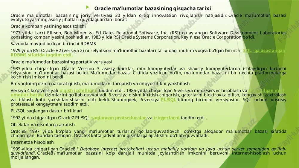 d etadigan qayta tiklash yozuvlaridan (qayta tiklash yozuvlari deb ham ataladi) iborat . ko'pgina boshqa fayllar oracle ma'lumotlar bazasi serverining ishlashi uchun muhimdir. ushbu fayllar parametr fayllari va diagnostika fayllarini o'z ichiga oladi. zaxira fayllari va arxivlangan qayta tiklash jurnali fayllari zaxiralash va tiklash uchun muhim oflayn fayllardir. oraclening ishlash texnologiyasi oracle ma'lumotlar bazasini hujjatlashtirish yo'l xaritasi ushbu bo'limda ushbu qo'llanmani qanday o'qish kerakligi va uning oracle ma'lumotlar bazasi hujjatlari to'plamiga qayerda mos kelishi tushuntiriladi. yangi foydalanuvchi uchun oracle ma'lumotlar bazasining hujjatlar kutubxonasi qo'rqinchli ko'rinishi mumkin. nafaqat 175 dan ortiq qo'llanmalar mavjud, balki bu qo'llanmalarning ko'pchiligi bir necha yuz sahifalardan iborat. shu bilan birga, hujjatlar foydalanuvchilarga kerakli ma'lumotlarni iloji boricha samarali tarzda topa olishlarini ta'minlash uchun maxsus kirish yo'llari bilan yaratilgan. hujjatlar to'plami uchta qatlam yoki guruhga bo'lingan: asosiy, o'rta va yuqori. foydalanuvchilar asosiy guruhdagi qo‘llanmalar ( oracle database 2 day dba , oracle database 2 day developer guide yoki …