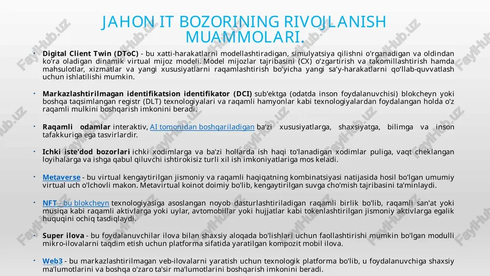 ot maktabining statistik tadqiqotlar va bilimlar iqtisodiyoti instituti (isiez) tadviser bilan tadqiqot natijalari bilan o‘rtoqlashdi , uning davomida u yuqori texnologiyalar sohasidagi investitsiya faoliyati ko‘lamini baholadi va ularni hissasi bilan solishtirdi. mamlakatlarning ilm-fan , texnologiya va ijodiy sanoat sohasidagi etakchi tashkilotlar va shaxslarning global hovuziga . 2021-yilda yuqori texnologiyali kompaniyalarga jami investitsiyalar hajmi bo‘yicha ular birinchi o‘rinda aqsh (353,8 milliard dollar), ikkinchi o‘rinda ( xitoy 91,3), ( buyuk britaniya 54,9), ( hindiston 41,7) va ( avstraliya 25,5). umuman olganda, ushbu besh mamlakat kompaniyalari investitsiyalarning 72,9 foizini tashkil qiladi; shu bilan birga, aqsh eng katta ulush (45,4%). ikkinchi oʻrinda xitoy (11,7%). rossiya 0,8 milliard dollar sarmoya bilan 38-o‘rinda (hisob-kitoblarda faqat rossiya federatsiyasida ro‘yxatdan o‘tgan yuqori texnologiyali kompaniyalar hisobga olinadi) (1-rasm). vstavte izobrajenie obichaya ili traditsii. 7 jahon it bozorining rivojlanish muammolari. bosh axborot xodimlarining roli hisobotlarga ko'ra, yetakchi texnologiya rahbarlari raqamli transformatsiyadan insonga yo'naltirilgan transformatsiyaga o'tadilar. 2022-yilda kelajakka yo‘naltirilgan kompaniyalar nafaqat …