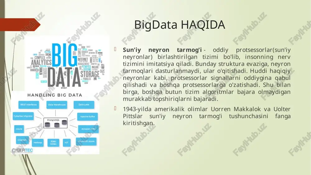 paytirishni rejalashtirmoqda. gartner tadqiqotiga ko'ra, ommaviy axborot vositalari, chakana savdo, telekommunikatsiya, bank va xizmat ko'rsatish kompaniyalari big data investitsiya sohalarida etakchi hisoblanadi. e’tiboringiz uchun rahmat! image1.png image2.png image3.png image4.png image5.png image6.png image7.jpeg image8.jpeg image9.jpeg image10.jpeg image11.jpeg image12.png image13.png image14.png /docprops/thumbnail.jpeg