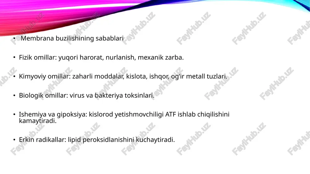 ²⁺) muvozanati buziladi atf sintezi kamayadi hujayrada shish, lizis (erish) yoki apoptoz sodir bo‘ladi organellalar (mitoxondriya, endoplazmatik tarmoq) funksiyasi izdan chiqadi 📚 foydalanilgan adabiyotlar 1. abduxalikov m., muxammadieva s. — “umumiy patologik fiziologiya”, toshkent: tta nashriyoti, 2018. 2. to‘ychiyeva n.m. — “tibbiy biofizika va biokimyo asoslari”, toshkent: fan va texnologiya, 2020. 3. karamatov a., tojiboyev s. — “hujayra fiziologiyasi va patologiyasi”, toshkent: tibbiyot akademiyasi, 2019. 4. guyton a.c., hall j.e. — “textbook of medical physiology”, 14th edition, elsevier, 2021. 5. robbins & cotran — “pathologic basis of disease”, 10th edition, elsevier, 2020. 6. berg j.m., tymoczko j.l., stryer l. — “biochemistry”, 9th edition, w. h. freeman and company, 2022. 7. voet d., voet j.g. — “biochemistry”, 5th edition, wiley, 2018. 8. lippincott illustrated reviews — “biochemistry”, 8th edition, wolters kluwer, 2021. 9. internet manbalari: https://www.ncbi.nlm.nih.gov/ https://www.sciencedirect.com/ https://pubmed.ncbi.nlm.nih.gov/ etiboringiz uchun rahmat image2.png image3.tmp image4.tmp image5.tmp image6.tmp image7.tmp image8.tmp image1.png /docprops/thumbnail.jpeg