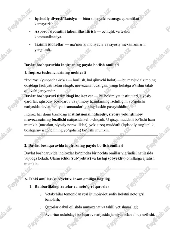 tabiiy ofatlar va ekologik muammolar · qurg‘oqchilik, pandemiya, tabiiy ofatlar kabi omillar iqtisodiy tizimga bosim qiladi; · davlatning tezkor javob berish qobiliyati sinovdan o‘tadi. 3. inqiroz shakllari (ko‘rinishlari) davlat boshqaruvidagi inqirozlar quyidagi asosiy shakllarda namoyon bo‘ladi: 1. siyosiy inqiroz · hokimiyat organlari o‘rtasidagi ziddiyatlar; · hukumat va fuqarolar o‘rtasidagi ishonchning yo‘qolishi; · legitimlik inqirozi (xalq tomonidan hukumatni tan olmaslik). 2. iqtisodiy inqiroz · budjet tanqisligi, inflyatsiya, ishsizlik, ishlab chiqarishning to‘xtashi. · davlat moliya tizimining barqarorligi izdan chiqadi. 3. ijtimoiy inqiroz · norozilik namoyishlari, ish tashlashlar, etnik yoki diniy qarama-qarshiliklar. · jamiyatning birligi va barqarorligi zaiflashadi. 4. ma’muriy-boshqaruv inqirozi · davlat apparati o‘z funksiyalarini bajara olmasligi; · qonunlar bajarilmaydi, ijro mexanizmlari ishdan chiqadi. 5. axborot va kommunikatsion inqiroz · noto‘g‘ri axborot tarqatilishi, soxta ma’lumotlar (dezinformatsiya); · davlat siyosatining aholi tomonidan noto‘g‘ri talqin qilinishi. 4. inqirozlarning o‘zaro bog‘liqligi aksar hollarda inqirozlar zanjirli reaksiyalar ko‘rinishida yuz beradi. masalan: · iqtisodiy muammolar siyosiy norozilikni …