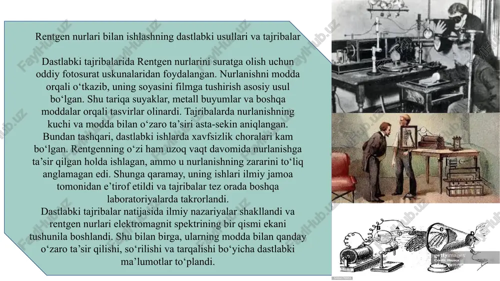 da insonlar va buyumlarning xavfsizligi ta’minlanadi, jinoyatchilik va xavfli holatlarning oldi olinadi. kundalik hayotda rentgenning qo‘llanilishi uning inson faoliyatidagi zaruriyatini yana bir bor isbotlaydi. rentgen nurlanishi xavfsizligi va himoya choralari biologik ta’sir va doza nazorati rentgen nurlanishi inson organizmiga ta’sir qiluvchi ionlashtiruvchi nurlanish turiga kiradi. u biologik to‘qimalarda atom va molekulalarni ionlashtirib, hujayra faoliyatiga salbiy ta’sir ko‘rsatishi mumkin. shu sababli, rentgen nurlanishidan foydalanishda doza nazorati muhim ahamiyatga ega. doza miqdori va nurlanish vaqti kamaytirilsa, sog‘liq uchun xavf minimal darajada saqlanadi. doza nazorati nafaqat bemorlar, balki rentgen apparatlari bilan ishlovchi xodimlar uchun ham muhimdir. maxsus doza o‘lchash qurilmalari yordamida nurlanish darajasi muntazam ravishda nazorat qilinadi. shu bilan birga, bemorlarning yoshiga, vazniga va sog‘liq holatiga qarab individual doza belgilanadi. biologik ta’sirning uzun muddatli natijalari orasida hujayra zararlanishi, genetik o‘zgarishlar va saraton kasalliklari xavfi mavjud. shuning uchun xavfsizlik choralari qat’iy rioya qilinishi shart. himoya usullari (lead qalqon, ekran, minimal doza) rentgen nurlanishidan foydalanishda …