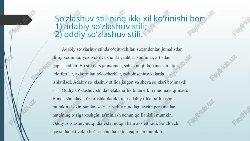 xoslangandir. ot turkumiga son, egalik, kelishik tushunchalari, fel uchun bo'lishli-botishsizlik, nisbat, mayl, zamon tushunchalari mansub. u lar morfologiyaning obyekti botib, turli stilistik xususiyatlarga ega. gap va uning turlari sintaksisda o‘rganilib, nulq stillari bo‘yicha tanlab ishlatiladi. shunday xususiyatlardan kelib chiqqan holda, grammatik stilistika ham ikki turga bo’linadi: 1. morfologik stilistika. 2. sintaksik stihstika. morfologik stilistika quyidagi masalalami o’rganadi. 1. o‘zbek tilida bir grammatik tushunchaning ikki va undan ortiq ko'rinishlarga ega botishi grammatik sinonimiyadir. 2. bir necha grammatik shakllaming o‘zaro zid ma’noni ifodalashi grammatik antonimiya deyiladi. 3. bir xil grammatik shakllarning bir necha xil ma’noni ifodalashi grammatik omonimiya hisoblanadi. 4. morfologik stilistikada hozirgi o‘zbek tilida zamon, mayl formalarining, ayrim yasovchi afftkslarning bir-biriga nisbatan sinonimik munosabatda bo‘lishi, ularning biri o‘mida ikkinchisining ishlatish imkoniyati masalasi hamda har bir so‘z turkumiga xos bo'lgan stilistik xususiyatlar o‘rganiladi. sintaktik stilistikada sintaksisning o‘rganish obyekti bo‘lgan gap, uningbo'laklari, gap bo'laklarining tartibi, gapning ifoda maqsadiga va tuzilishiga ko‘ra turlarining stilistik …