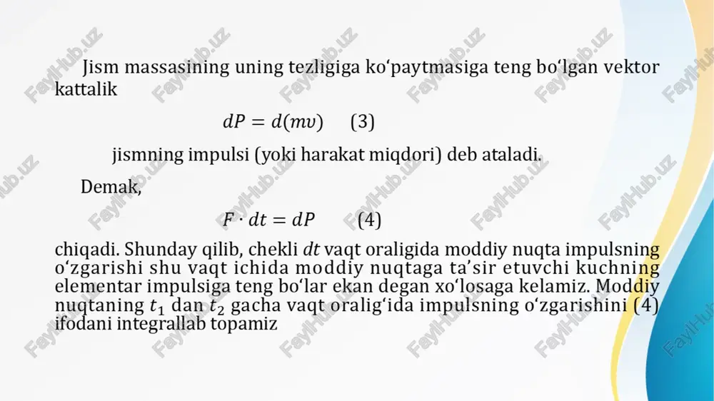 qonuni - juda ko‘p eksperimental tajribalarning umumlashgan natijasidir. berk cistema (jismlariga hech qanday tashqi kuchlar ta’sir etmaydigan sistema) massalari va tezliklari bo‘lgan moddiy nuqtalardan tashkil topgan bo‘lsin. ular orasidagi o‘zaro ta’sir konservativ kuchlar bo‘lsin. faqat konservativ kuchlar ta’siri ostida bo‘lgan sistemalar konservativ sistemalar deb ataladi. f tashqi kuch ham konservativdir. nyuton ii qonuniga binoan har bir moddiy nuqtani harakat tenglamasi …………………………………… shuning uchun moddiy nuqtalarni har biri dt vaqt ichida ds1, ds 2 , ... ds n elementar ko‘chishga ega bo‘ladi. u holda …………………………………… bu yerda ekanini hisobga olsak …………………………………………….. bu ifodalarni yig‘indisini olsak, bu yerda: 1) mn larning kinetik energiyasi 2) sistemadagi konservativ kuchlarning dsi ko‘chishda bajargan ishi esa edi. 3) uchinchi ifoda tashqi kuchning ishi. shuning uchun bundan (3) chiqadi. bu mexanik energiyaning saqlanish qonunidir ya’ni oralarida faqat konservativ kuchlar ta’sir etadigan jismlarning berk sistemasini to‘la mexanik energiyasi o‘zgarmaydi. demak, konservativ sistemalarda mexanik energiya boshqa turdagi (issiqlik, elektr, …