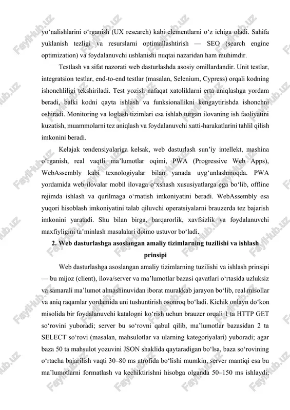 on shaklida qaytaradigan bo‘lsa, baza so‘rovining o‘rtacha bajarilish vaqti 30–80 ms atrofida bo‘lishi mumkin, server mantiqi esa bu ma’lumotlarni formatlash va kechiktirishni hisobga olganda 50–150 ms ishlaydi; tarmoq kechikishi (rtt) 20–50 ms bo‘lsa, umumiy sahifa yuklanish vaqti 200–500 ms ga teng bo‘ladi, natijada foydalanuvchi sahifani qariyb 0,2–0,5 soniya ichida ko‘radi. agar bir vaqtning o‘zida 10 000 ta bunday so‘rov kelishi taxminlansa, tizim 10 000 so‘rov/daq bo‘lib, bu 10 000/60 ≈ 167 so‘rov/sekund (rps) ga to‘g‘ri keladi, shuni hisobga olib serverlarni load balancer ortiqcha yukdan saqlash uchun kamida 4–8 ta instance bilan ta’minlash zarur bo‘ladi, chunki har bir instance o‘rtacha 20–50 rps ni barqaror boshqarishi mumkin. elektron to‘lovlar integratsiyasi bo‘yicha misolda foydalanuvchi to‘lov tugmasini bosganda ilova serveri token olish uchun to‘lov provayderiga 1 ta https post so‘rov yuboradi; to‘lov provayderi 3 bosqichli tekshiruv (autentifikatsiya, balans tekshiruvi, 3d secure) o‘tkazib, o‘rtacha 1–2 soniya ichida javob qaytaradi; server esa tranzaksiyani ma’lumotlar bazasiga yozadi …