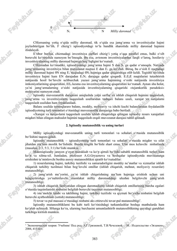 qarilgan mahsulotning har qanday hajmi shunga mos daromad hajmini beradi. biroq aholi bu daromadning bir qismini iste’mol qilmasdan jamg‘armaga qo‘yishi mumkin. jamg‘arma «sarflar – daromadlar» oqimidan potensial sarflarni olib qo‘yish hisoblanadi. bunda jamg‘armaga qo‘yilgan mablag‘ investitsiyalar bilan to‘liq qoplansa, yalpi sarflar ishlab chiqarish hajmiga teng bo‘ladi (18.3-chizma). 3-chizma iqtisodiy muvozanat darajasini aniqlashning jamg‘arma va investitsiyalarni taqqoslash usuli jamg‘arma (s) va investitsiya (in) s in smme real ishlab chiqarish hajmi, smm investitsion sarflarning ko‘payishi ishlab chiqarish hajmi va daromad darajasining o‘sishiga olib keladi. bu o‘zaro natija multiplikator samarasi bilan izohlanadi. multiplikator tushunchasi «ko‘paytiruvchi» degan ma’noni anglatadi. multiplikator samarasining mohiyati investitsiya hajmining o‘sishi jamiyat milliy daromadining unga nisbatan ko‘proq o‘sishiga olib kelishi orqali ifodalanadi. multiplikator samarasi – bu sof milliy mahsulot o‘zgarishining investitsiya sarflaridagi o‘zgarishga nisbati: . yoki, multiplikator koeffitsientini quyidagicha ifodalash ham mumkin: . bundan kelib chiqqan holda: investitsion sarflardagi o‘zgarishdan tashqari iste’mol, davlat xaridi yoki eksportdagi o‘zgarishlar ham multiplikator samarasiga …