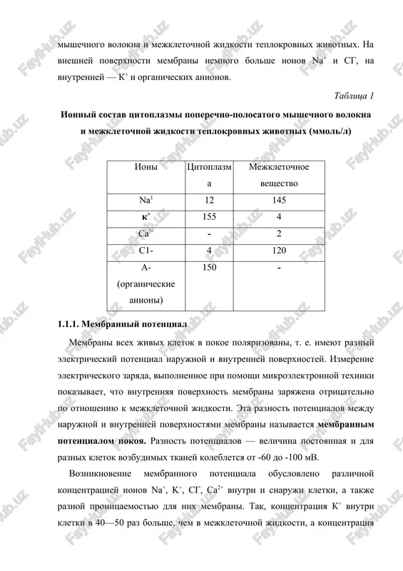 mmol/l) ioni tsitoplazma mejkletochnoe veshestvo na1 12 145 k+ 155 4 sa!+ - 2 s1- 4 120 a- (organicheskie anioni) 150 - 1.1.1. membranniy potentsial membrani vsex jivix kletok v pokoe polyarizovani, t. e. imeyut raz​niy elektricheskiy potentsial narujnoy i vnutrenney poverxnostey. izmerenie elektricheskogo zaryada, vipolnennoe pri pomoshi mikroelek​tronnoy texniki pokazivaet, chto vnutrennyaya poverxnost membrani za​ryajena otritsatelno po otnosheniyu k mejkletochnoy jidkosti. eta raz​nost potentsialov mejdu narujnoy i vnutrenney poverxnostyami mem​brani nazivaetsya membrannim potentsialom pokoya. raznost potentsialov — velichina postoyannaya i dlya raznix kletok vozbudimix tkaney koleblet​sya ot -60 do -100 mv. vozniknovenie membrannogo potentsiala obuslovleno razlichnoy kontsentratsiey ionov na+, k+, sg, sa2+ vnutri i snaruji kletki, a takje raznoy pronitsaemostyu dlya nix membrani. tak, kontsentra​tsiya k+ vnutri kletki v 40—50 raz bolshe, chem v mejkletochnoy jid​kosti, a kontsentratsiya na+, naoborot, bolshe snaruji kletki. ta je raznost kontsentratsiy xarakterna dlya sa2+. v sostoyanii pokoya membrana pronitsaema dlya ionov k+, t. …