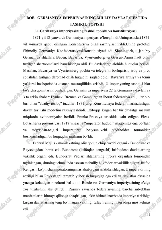 tsiya unga armiya va flot qo'mondonligini ishonib topshirdi. imperatorga bundesrat va reyxstagni chaqirish va tarqatib yuborish, imperator qonunlarini ishlab chiqish va ular ustidan nazorat qilish huquqi berildi. u ittifoqchilik majburiyatlarini buzgan davlatlarga nisbatan sanktsiyalarni qo'llash huquqiga ega edi. qiyin holatlarda u konstitutsiyani talqin qildi. 1871 yil konstitutsiyasi hukmron doiralarning (va ommaviy ongning) irodasi oliy bo'lgan monarxning davlat hokimiyati haqidagi konservativ g'oyalarini aks ettirdi. germaniya imperiyasining davlat tuzilishida imperator kanslerining roli juda katta edi. shu bilan birga, u bundesratning raisi edi va yuqori palatada ovozlar teng bo'lgan taqdirda uning ovozi hal qiluvchi ahamiyatga ega edi. qoidaga ko'ra, prussiya bosh vaziri imperiya kansleri bo'ldi. imperator hukumati savdo va bojxona siyosatini, flotni, transport tizimini rivojlantirishni belgilab berdi, bank, tanga zarb qilish, xorijiy to'lovlar va konsullik xizmatini nazorat qildi. konstitutsiya germaniya tarixida birinchi marta 25 yoshdan oshgan erkaklar uchun teng saylov huquqini e'lon qildi. biroq ayollar, armiya va flotning quyi mansabdor shaxslari, kambag'allar uchun …