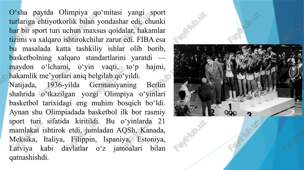 ark gasol, xuan karlos navarro, rikky rubio kabi yulduzlar bilan kuchli o‘yin namoyish qildi. ular 2008 va 2012-yillarda aqshga qarshi finalda o‘ynab, katta raqobat ko‘rsatdilar. bu esa basketbolda faqat bir davlatning emas, balki butun dunyo maktablarining o‘z o‘rniga ega ekanligini isbotladi. so‘nggi yillarda, xususan 2020-yil tokio olimpiadasida fransiya jamoasi finalda aqshga jiddiy qarshilik ko‘rsatdi. bu esa basketbolda global raqobatning eng yuqori darajaga yetganini anglatadi. bugungi kunda olimpiya basketboli butun dunyodan eng iqtidorli o‘yinchilarni bir maydonda jamlaydigan, sportning estetik va raqobat jihatdan eng rivojlangan turlaridan biri hisoblanadi. erkaklar basketbolining bu bosqichma-bosqich rivojlanishi shuni ko‘rsatadiki, olimpiya o‘yinlari bu sport turini nafaqat ommalashtirgan, balki texnika, taktika va jismoniy tayyorgarlik nuqtayi nazaridan yangi bosqichga olib chiqqan. bugungi kunda har bir olimpiya musobaqasi basketbol tarixida yangi rekordlar, yangi yulduzlar va yangi strategiyalarni yuzaga keltirmoqda. 3.ayollar basketbolining olimpiya o‘yinlaridagi o‘rni ayollar basketboli ilk bor 1976-yilda monreal olimpiya o‘yinlarida dasturga kiritildi. o‘sha musobaqada sssr ayollar jamoasi g‘alaba …