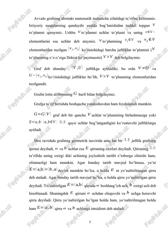 rilmagan graf bo’lsin. bitta uchga intsidient bo’lgan qirralar soni uning lokal darajasi deyiladi va uni (1.2) kabi belgilaymiz. biror uchning lokal darajasi hisoblanish jarayonida shu uchga intsidient bo’lagan sirtmoq uchun noaniqlik vujudga keladi. ya’ni, sirtmoqni qanday hisobga qo’shish kerak; bitta qirra sifatidami yoki ikkita. ushbu holatda qaralayotgan masalaga bog’liq ravishda qanday hisoblash qulaylik tug’dirsa, shunday hisoblagan ma’quldir. shunga ko’ra, har bir holatda sirtmoqni qanday tartibda hisoblanganligi ko’rastilishi zarur. lokal daraja uchun bir necha sodda formulalar keltiramiz. grafdagi va uchlarni tutashtiruvchi qirralar sonini kabi belgilaymiz. agar grafda karrali qirralar bo’lmasa, u holda quyidagicha hollar bo’lishi mumkin: ko’rinib turibdiki, har bir (1.1.2) lokal darajada uch uchun quyidagi yig’indi mavjud: (1.3) grafdagi qirralar sonini deb belgilaymiz. har bir qirra va uch bo’yicha ikkita lokal darajada ishtirok etadi, bundan esa quyidagiga ega bo’lamiz: (1.4) yoki (1.3) ga ko’ra esa (1.5) (1.4) formuladan ko’rinib turibdiki, chap tomon har doim juft son bo’ladi. yuqoridagi formulalardan ko’rish …