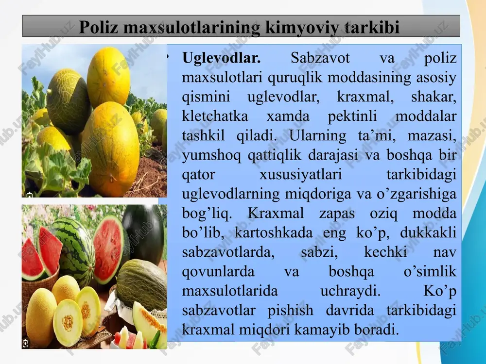 lozim. shikastlangan, kasallangan, hasharot zararlagan mevalar qabul qilinmaydi. shakar miqdori 15–25% atrofida, kislotalilik 0,6–1,2% bo‘lishi kerak. uzum toza, kimyoviy ishlov berilmagan holatda yig‘ilishi lozim. № talab turi tavsifi 1. tashqi ko‘rinishi tabiiy rangga ega, toza, begona aralashmalarsiz, shikastlanmagan bo‘lishi kerak. 2. ta’mi va hidi har bir mahsulot o‘ziga xos, tabiiy uzum ta’miga va hidiga ega bo‘lishi lozim. begona hid yoki achish belgilariga yo‘l qo‘yilmaydi. 3. namlik miqdori belgilangan me’yordan oshmasligi kerak (masalan, mayizda 17–22%). 4. qand miqdori mahsulot turiga qarab belgilangan darajada bo‘lishi kerak. masalan, sharbatda 14–20% gacha. 5. kislotalilik (ph) muayyan oraliqda bo‘lishi lozim (odatda 3,0–4,0 oralig‘ida). 6. fizik va kimyoviy tozaligi qum, chang, metall yoki pestitsid qoldiqlari bo‘lmasligi kerak. 7. mikrobiologik xavfsizlik zararli mikroorganizmlar, mog‘or va achituvchi bakteriyalar me’yordan oshmasligi kerak. 8. qadoqlash mahsulot sifatini saqlaydigan, gigiyenik, oziq-ovqat uchun mo‘ljallangan idishlarda bo‘lishi zarur. 9. markalash (yorliq) mahsulot nomi, ishlab chiqaruvchi, ishlab chiqarilgan sana, saqlash muddati, tarkibi va energiya …