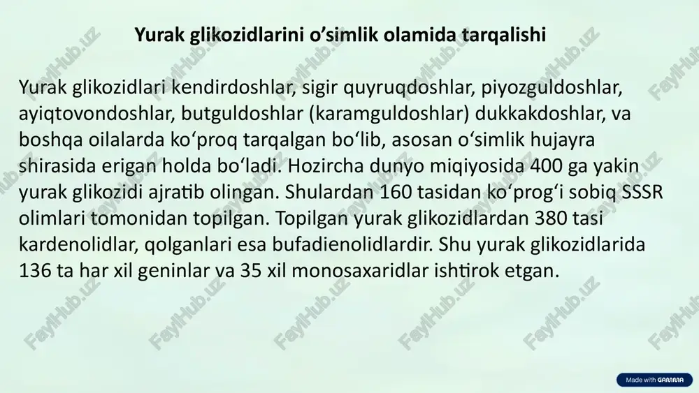 ksiyasi. mahsulotdan tayyorlangan va bug'latib quritilgan ajratmani (yoki glikozidlarni) konsentrlangan sirka kislotada eritib, unga sirka angidridi va konsentrlangan sulfat kislota aralashmasidan (50:1 nisbatda) 2 ml qo'shib aralashtirilsa, birozdan so'ng (yoki biroz qizdirilsa) pushti-qizil rang hosil bo'ladi. hosil bo'lgan rang tezda ko'k yoki yashil tusga o'tadi. ii. yurak glikozidlarining to'yinmagan lakton halqasiga balye - neyman reaksiyasi. glikozidlarning spirtdagi eritmasiga natriy pikratning spirtdagi 1% li va ishqorning suvdagi 10% li eritmalaridan qo'shilsa, to'q sariq rang hosil bo'ladi. bu reaksiya yordamida tarkibida to'yinmagan lakton halqasi bo'lgan barcha yurak glikozidlarini aniqlash mumkin. iii.yurak glikozidlari molekulasidagi dezoksisaxaridlarga (digitoksoza, simaroza va boshqa dezoksigeksozalarga) bo'lgan keller - kiliani reaksiyasi. tarkibida temir (ii) xloridning 5% li eritmasidan 2 tomchi bo'lgan 5 ml konsentrlangan sirka kislotada eritilgan 5-10 mg glikozid eritmasini probirkaga solib, ustiga oz miqdorda temir (ii) xloridning 5% li eritmasi bo'lgan konsentrlangan sulfat kislotaning bir-ikki tomchisini probirkaning chetidan tushirilsa, har ikkala suyuqlik uchrashgan yerda yuqori qismi zangori …