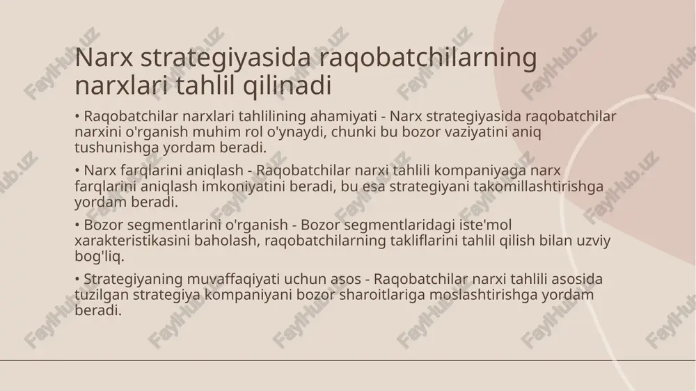 • psixologik narx strategiyasi mohiyati - bu strategiya mahsulot narxini psixologik jihatdan mijozlar uchun jozibador qilishni o'z ichiga oladi, masalan, 499 so'm 500 so'mdan kamroq ko'rinadi. u hissiy ta'sir orqali qaror qabul qilishni rag'batlantiradi. • hissiy qarorlarga ta'siri - narxning ko'rinishi mijozlarning hissiy holatiga ta'sir ko'rsatadi, ayniqsa, mahsulot qimmat emasdek ko'rinsa. bu turdagi strategiya sotuvni oshirishda samarali bo'lishi mumkin. narxni belgilashda tovarning hayotiy sikli bosqichi muhim rol o'ynaydi • tovar hayotiy siklining bosqichlari - har bir tovar boshlang'ich, o'sish, yetuklik va pasayish bosqichlarini o'z ichiga oladi. ushbu bosqichlar mahsulotning bozordagi pozitsiyasi va narx strategiyasini belgilashda asosiy ahamiyatga ega. • narxni belgilashda o'sish bosqichi - o'sish bosqichida talab tez oshadi, bu narxlarni yuqori darajada boshqarish imkonini beradi. korxonalar daromadni maksimal qilishga harakat qiladi. • yetuklik bosqichi va narxlar - yetuklik bosqichida raqobat kuchayadi, bu narxlarni pasaytirishni taqozo etadi. korxonalar mahsulotga qo'shimcha qiymat qo'shishga e'tibor qaratadi. • pasayish bosqichi strategiyasi - pasayish …