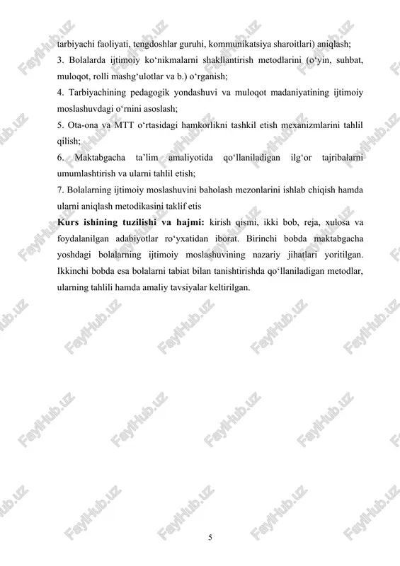 biliyatidir. bu jarayon bolaning emotsional barqarorligi, o‘ziga ishonchi, tashabbuskorligi, muloqotga ochiqligi bilan chambarchas bog‘liq. bola ijtimoiy moslashuv jarayonida turli qiyinchiliklarga duch keladi: yangi muhitga kirishish, begona insonlar bilan muloqot o‘rnatish, o‘yin yoki faoliyat jarayonida tengdoshlari bilan o‘z o‘rnini topdi. ijtimoiy moslashuvning mazmuni bolaning ijtimoiy munosabatlarda faol ishtirok etishida, jamiyatda qabul qilingan qadriyatlar tizimini o‘zlashtirishida namoyon bo‘ladi. bola avvalo oilada, so‘ngra maktabgacha ta’lim tashkilotida, keyin esa keng ijtimoiy muhitda o‘zini tutish, boshqalar bilan muloqot qilish, hamdardlik va yordam ko‘rsatish, nizolarni hal etish, o‘z fikrini bildirish kabi ko‘nikmalarni o‘rganadi. shu orqali u o‘zining “men”ini anglaydi va shaxs sifatida shakllanadi. maktabgacha yosh inson hayotidagi eng sezgir, o‘rganishga ochiq davrdir. bu davrda bola atrof-muhitni faol idrok etadi, kattalarning xatti-harakatlarini kuzatadi, taqlid qiladi, so‘z boyligini oshiradi, o‘z his-tuyg‘ularini ifodalashni o‘rganadi. shu sababdan bu yoshda ijtimoiy moslashuv jarayoni eng faol kechadi. bola maktabgacha ta’lim tashkilotsiga borganida yangi ijtimoiy muhitga tushadi: u endi faqat oila a’zolari bilan …