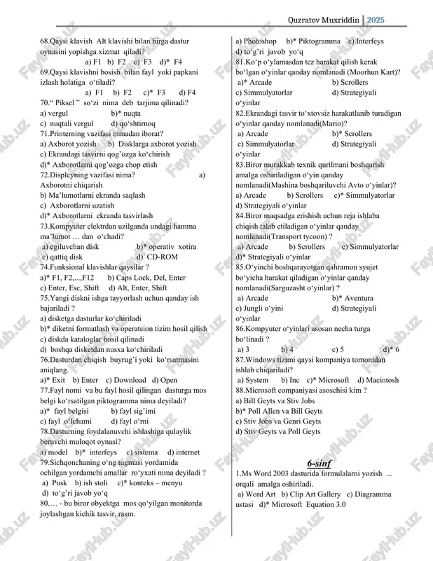 b d) ctrl 54. klaviaturada qaysi klavish monitordagi ko‘rinishni xotirga oladi ? a)* print screen b) pause break c) insert d) delete 55. shift klavishi qanday vazifani bajaradi? a) sonli tugmalarni ishlatish b)* katta harflarni kiritish c) sonlarni kattalashtirib yozish d) a va b javoblar to‘gri 56. caps lock klavishi qanday vazifani bajaradi? a)* katta harflarni kiritish b) sonli tugmalarni ishlatish c) sonlarni kattalashtirib yozish d) a va b javoblar to‘gri 57. klaviaturada qaysi klavish amal kiritilishini vaqtincha to‘xtatadi? a) print screen b)* pause break c) insert d) delete 58. klaviaturada qaysi klavish harf yoki belgini almashtiradi? a) print screen b) pause break c)* insert d) delete 59. klaviaturada qaysi klavish kursordan o‘ngda turgan belgini o‘chiradi? a) print screen b) pause break c) insert d)* delete 60. klaviaturada qaysi klavish kursordan chapda turgan belgini o‘chiradi? a)* backspace b) pause break c) insert d) delete 61. klaviaturada qaysi klavish yordamchi klavishlar …