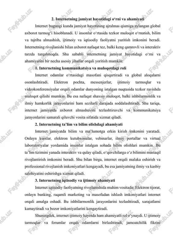 9). oʻzbekistonda jadal rivojlanayotgan kompyuterlashtirish va avtomatlashtirish sohalari internet tarmogʻining aloqa funksiyasidan keng foydalanishga imkon beradi. internetga ulangan abonent uydagi yoki ishxonadagi kompyuter orqali, aytaylik, aqsh, avstraliya yoki afrikadagi kompyuterlarga kiritilgan xilma-xil mavzudagi maʼlumotlarni matn, surat yoki videotasvir koʻrinishida olishi mumkin. bu maʼlumotlar internet tizimiga oldindan kiritiladi. dunyoning turli chekkalarida joylashgan maxsus ixtisoslashgan kompaniyalar qidiruvni tezlashtirishga yordam beradi. ular „qidiruv dvigateli“ deb ataladi, maʼlumotlarning mundarijasini maʼlumotnoma (spravochnik) kabi saqlaydi va oʻsha maʼlumotlar joylashgan „internet manzili“ni abonentga beradi. mazkur manzil boʻyicha maʼlumotlar „internet varaqchalari“da saqlanadi. abonent biror maʼlumotni, masalan, „paxta“ soʻzini qidiruv dvigateli orqali qidirsa, shu soʻzga tegishli maʼlumotlarni, paxta bilan ish olib boradigan kompaniyalar roʻyxatini yoki jahon birjasida paxtaning narxini abonent kompyuterida chiqarib beradi. internet varaqchalari shaxsiy va rasmiy boʻlishi mumkin. shaxsiy varaqchalar alohida shaxslar tomonidan tuziladi va shu shaxslar haqidagi maʼlumotlarni oʻz ichiga oladi. rasmiy varaqchalar idoralar, tashkilotlar, kompaniyalarga tegishli boʻladi, ularda hukumat idoralariga doir maʼlumotlar saqlanadi. internet orqali …