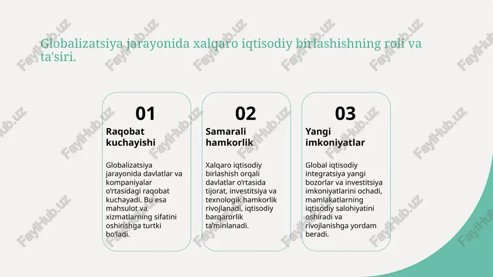 lik shartnomalarini kengaytirish muhim. rivojlanish istiqbollari o‘zbekiston iqtisodiy integratsiya shakllaridan foydalanib, raqobatbardoshligini oshirishi, yangi ish o‘rinlari yaratishi va iqtisodiy barqarorlikni ta’minlashi mumkin. xalqaro iqtisodiy integratsiyaning amaliy jihatlari va tijorat aloqalarining rivojlanishi 1 tijorat hamkorligi xalqaro iqtisodiy integratsiya doirasida tijorat aloqalarining rivojlanishi savdo shartnomalari, bojxona tartiboti va logistika sohalarida yangi imkoniyatlar ochadi, bu esa iqtisodiy o'sishni ta'minlaydi. 2 korporativ hamkorlik yirik korxonalar va kichik bizneslar o'rtasida hamkorlik kengayib, investitsiyalar va texnologiyalar almashinuvi oshadi, bu esa iqtisodiy integratsiyaning kuchayishiga olib keladi. 3 tashqi savdo imkoniyatlari integratsiya jarayonida mamlakatlar o'rtasidagi bojxona tariflari pasayadi, eksport-import operatsiyalari soddalashtiriladi, bu esa raqobatbardoshlikni oshiradi. o‘zbekistonning mintaqaviy iqtisodiy hamkorlikdagi roli va imkoniyatlari iqtisodiy imkoniyatlar o‘zbekiston mintaqaviy iqtisodiy hamkorlikda yangi bozorlar va investitsiya imkoniyatlarini kengaytirib, iqtisodiy o‘sishga hissa qo‘shadi. sanoat va eksport mintaqaviy hamkorlik orqali o‘zbekiston sanoat sektorini rivojlantirishi, mahsulot sifatini oshirishi va eksport salohiyatini kengaytirishi mumkin. transport va logistika mintaqaviy tashuv va logistika tizimlarini rivojlantirish, savdo yo‘llarini optimallashtirish …