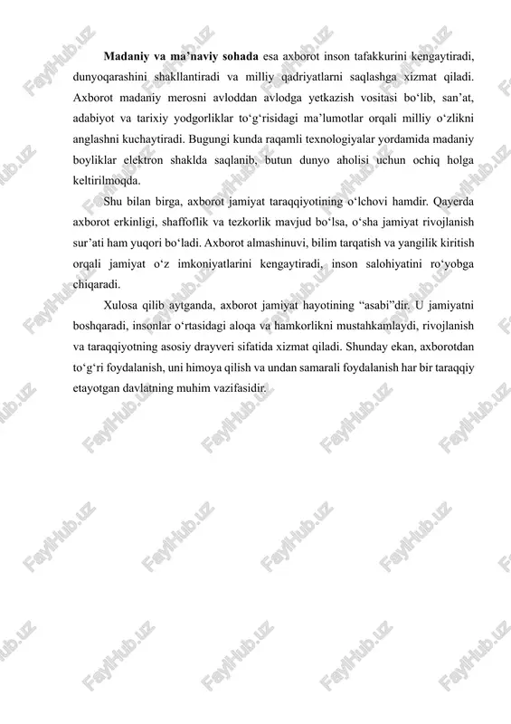 ource planning) tizimlari yordamida ishlab chiqarish, logistika, hisob-kitob va xodimlar faoliyati yagona platforma orqali boshqariladi. elektron tijorat (e-commerce)ning rivojlanishi ham axborot texnologiyalarining bevosita natijasidir. endilikda odamlar mahsulotni internet orqali tanlab, xarid qiladi, bu esa nafaqat qulaylik balki vaqt va resurs tejamkorligini ham ta’minlaydi. shuningdek, raqamli bank xizmatlari — onlayn to‘lovlar, mobil banking, kriptovalyutalar va blokcheyn texnologiyalari iqtisodiy munosabatlarni soddalashtirib, global moliyaviy tizimni o‘zgartirib yubordi. 2. ta’lim va ilm-fan rivojida axborot texnologiyalari axborot texnologiyalari ta’lim tizimida inqilobiy o‘zgarishlarni yuzaga keltirdi. an’anaviy darsliklar va auditoriyalar o‘rniga elektron darslar, interaktiv platformalar, masofaviy ta’lim tizimlari keng joriy etilmoqda. onlayn o‘quv kurslari, virtual laboratoriyalar, sun’iy intellekt asosidagi o‘quv dasturlari o‘quvchilarga o‘z bilimini mustaqil ravishda rivojlantirish imkonini bermoqda. bundan tashqari, ilmiy izlanishlarda ham axborot texnologiyalari muhim ahamiyat kasb etadi. ma’lumotlar bazalari, elektron kutubxonalar, tahliliy dasturlar, simulyatsiya va model yaratish texnologiyalari orqali olimlar tajribalarni tezroq va aniqroq o‘tkaza olmoqdalar. bu esa ilm-fan taraqqiyotini jadallashtirib, yangi kashfiyotlarga yo‘l …