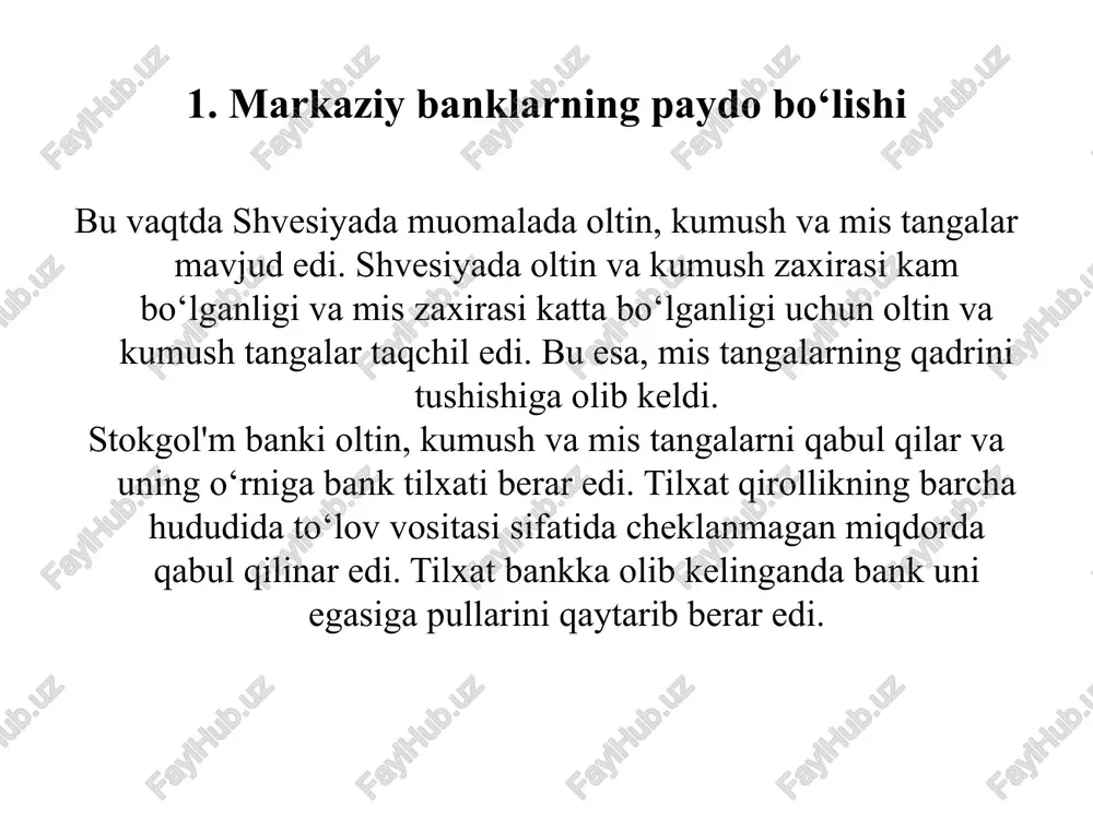 tarkibi boshqaruv o'n bir kishidan iborat bo'ladi. boshqaruv tarkibiga markaziy bank raisi, uning o'rinbosarlari, shuningdek bankning asosiy bo'linmalari rahbarlari kiradi. markaziy bank raisi boshqaruvning raisi hisoblanadi. boshqaruv a'zolarini (markaziy bank raisining birinchi o'rinbosari va o'rinbosarlari bundan mustasno) markaziy bank raisining taqdimnomasiga binoan oliy majlis senatining kengashi tasdiqlaydi. markaziy bankning ustav kapital markaziy bank ustav kapitalining miqdori bir trillion so'mni tashkil etadi. ustav kapitali miqdorini ko'paytirish o'zbekiston respublikasi oliy majlisi senatining qaroriga binoan amalga oshiriladi. markaziy bankning ustav kapitali boshqa shaxslarga berilishi yoki undan zakalat ta'minoti sifatida foydalanilishi mumkin emas. markaziy bankning oliy organi markaziy bank boshqaruvidir. markaziy bank boshqaruvi markaziy bank faoliyatining asosiy yo'nalishlarini belgilab beradi va uni boshqaradi. markaziy bank boshqaruvining tarkibi markaziy bank boshqaruvi to'qqiz nafar kishidan iborat bo'ladi. markaziy bank raisi markaziy bank boshqaruvining raisi bo'ladi. markaziy bank boshqaruvining raisi o'zbekiston respublikasi prezidentining taqdimnomasiga binoan o'zbekiston respublikasi oliy majlisining senati tomonidan lavozimga tayinlanadi va lavozimidan ozod qilinadi. …