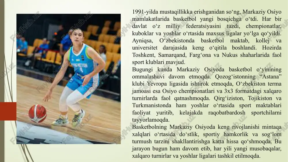 hootlari yangilanmoqda, xotin-qizlar o‘rtasida ham jamoalar ko‘paymoqda. o‘zbekiston, qozog‘iston va qirg‘iziston jamoalari osiyo chempionatlarida muvaffaqiyatli qatnashmoqda. ayniqsa, o‘zbekiston milliy terma jamoasi 3x3 formatdagi musobaqalarda yaxshi natijalarga erishmoqda. kelgusida bu hududda basketbolni xalqaro darajaga olib chiqish uchun infratuzilmani yanada rivojlantirish, murabbiylar tayyorlash va yoshlar o‘rtasida tanlovlar o‘tkazish muhim vazifa bo‘lib qolmoqda. bugungi kunda markaziy osiyo mamlakatlarida, xususan o‘zbekiston, qozog‘iston, qirg‘iziston, tojikiston va turkmanistonda basketbol sportining rivojlanish darajasi sezilarli darajada oshgan. mintaqa bo‘yicha bu sport turi yoshlar o‘rtasida eng mashhur jismoniy faoliyat turlaridan biri hisoblanadi. maktab, kollej, universitet va sport akademiyalarida basketbol mashg‘ulotlari muntazam o‘tkazilib, professional va havaskor sportchilar soni yildan-yilga ko‘paymoqda. so‘nggi yillarda o‘zbekiston basketbol federatsiyasi tomonidan qator islohotlar amalga oshirildi. jumladan, erkaklar va ayollar o‘rtasida “superliga” chempionatlari, “o‘zbekiston kubogi”, “universiada” o‘yinlari hamda yoshlar o‘rtasida “3x3 basketbol ligasi” muntazam o‘tkazilmoqda. bu musobaqalar orqali yangi iste’dodli sportchilar kashf etilmoqda. 3x3 formatdagi o‘yinlar hozirda nafaqat yirik shaharlarda, balki viloyat va tumanlarda ham o‘tkazilib, …