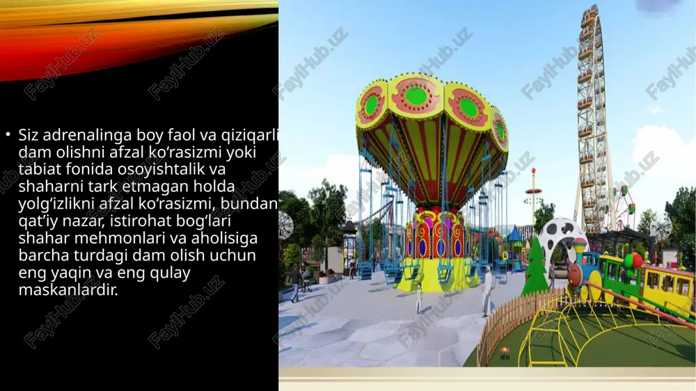 a katta markaziy istirohat bog‘i bo‘lishi kerak, degan fikr allaqachon eskirdi. endi shaharsozlarning fikriga ko‘ra, shaharning turli qismlarida bir nechtalab kichik istirohat bog‘lari bo‘lishi kerak. shahar parklarining afzalliklari quyidagilardan iborat: unda odamlar estetik zavq oladi, tabiiy ekotizimlarni saqlashga yordam beradi, odamlarni jismoniy faollikka undaydi, iqtisodiy rivojlanish omili hisoblanadi. parklarda yolg‘izlikni istayotganlar uchun ham, muloqot xohlovchilar uchun ham sharoitlar bo‘lishi kerak. bugungi kunda istirohat bog‘larining me’morlari o‘z mahorati bilan tabiat va odamlarni bir-biriga foyda keltiradigan qilib birlashtirish uchun harakat qilmoqda. foydalanilgan adabiyotlar karimov la. tarixiy xotirasiz kelajak yo‘q. — t., « 0 ‘zbekiston», 1998. roziqberdiyev m. kichik arxitektura shakllari. — t., taqi, 1995. arxitekturaviy loyihalash asoslari. 0 ‘quv qo‘llanma. — t., taqi, 2000. 0 ‘ralov a.s., rahimov a.q., saidova b.a. arxitekturaviy kompozitsiya va loyihalash asoslari. o'quv qo'llanma — samarqand, samdmqi, 2005. viktorov a.m. prirodniy kamen v arxitekture. — m., 1983. image2.png image3.jpeg image4.jpeg image5.jpeg image6.jpeg image7.jpeg image8.jpeg image9.jpeg image1.png /docprops/thumbnail.jpeg