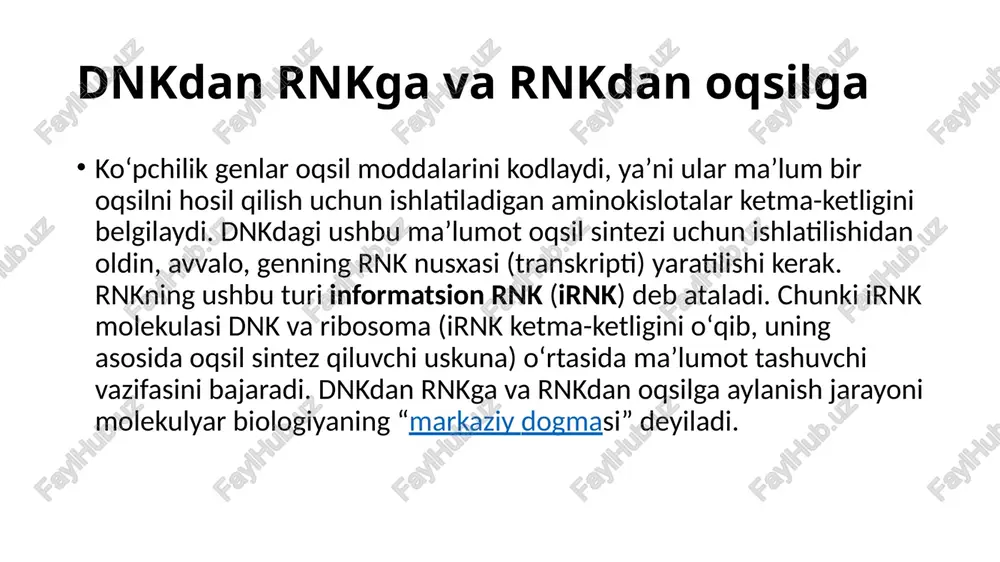rakterga ega: a faqat t bilan va g faqat s bilan (yuqorida keltirilgani kabi) juft hosil qiladi. bu qoʻsh spiralning ikkita zanjiri yuqori darajada bir-biriga mos kelishi kerakligini anglatadi. masalan, agar bitta zanjirning ketma-ketligi 5ʼ-aattggss-3ʼ ekanini bilsangiz, unga komplementar zanjir 5ʼ-ttaassgg-5 ketma-ketlikka ega boʻlishi kerak. bu har bir asosning oʻz juftiga mos kelishiga imkon beradi: ikkita dnk ketma-ketligi shu tarzda mos kelganda, ular bir-biriga antiparallel holatda bogʻlanadi va spiral hosil qiladi. bu zanjirlar bir-biriga komplementar deyiladi. rnkning xususiyatlari ribonuklein kislota (rnk) dnkdan farqli oʻlaroq, odatda bir zanjirli tuzilishga ega. rnk zanjiri tarkibidagi nukleotid toʻrt xil azotli asosdan bittasini (a, u, g yoki s), riboza (beshta uglerodli uglevod) va fosfat guruhini oʻz ichiga oladi. bu yerda biz rnkning toʻrtta asosiy tipi bilan tanishib chiqamiz: informatsion rnk (irna), ribosomal rnk (rrna), transport rnk (trna) va regulyator rnk. informatsion rnk (irnk) oqsil kodlovchi gen va uning oqsil mahsuloti oʻrtasidagi oraliq molekula hisoblanadi. agar …