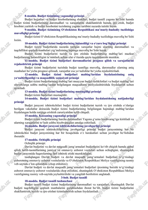 o‘z ichiga olgan jamlanma balans; fiskal tavakkalchiliklar — budjet jarayoni ishtirokchilari uchun budjet tizimi budjetlari mablag‘larini shakllantirish va sarflashda moliyaviy resurslardagi yo‘qotishlarni baholash; moliya yili — birinchi yanvardan o‘ttiz birinchi dekabr kuni oxirigacha bo‘lgan vaqtni o‘z ichiga oluvchi davr; moliyaviy majburiyatlar — budjet tashkilotlarida va budjet mablag‘lari oluvchilarda ularga pul mablag‘larini o‘tkazish majburiyatini yuklovchi hujjatlar, shu jumladan ijro hujjatlari asosida yuzaga keladigan majburiyatlar; subvensiya — muayyan maqsadlarga sarflash sharti bilan yuqori turuvchi budjetdan quyi turuvchi budjetga qaytarmaslik sharti bilan ajratiladigan pul mablag‘lari; subsidiya — tovarlar ishlab chiqarish, ishlar bajarish, xizmatlar ko‘rsatish va ularni realizatsiya qilishni moliyalashtirish yoki birgalikda moliyalashtirish yoxud maqsadli xarajatlarning o‘rnini qisman qoplash uchun budjet tizimi budjetlari hisobidan yuridik va jismoniy shaxslarga beriladigan pul mablag‘lari; tartibga soluvchi daromadlar — budjet tizimi budjetlari o‘rtasida ajratmalar normativlari belgilanadigan umumdavlat soliqlari va boshqa majburiy to‘lovlar, shuningdek soliq bo‘lmagan to‘lovlar. soliq bo‘lmagan to‘lovlarga budjet tizimi budjetlariga kelib tushadigan soliqlar va boshqa majburiy …