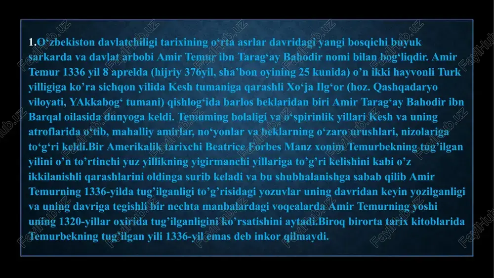 g mavqei va martabasiga qarab biron-bir mansab va mulk (viloyat, tuman, shahar) taqsimlab beradi, katta-katta sovg‘alar ulashadi. bu haqda sohibqironning “tuzuklarida” shunday deyiladi: “bulardan mol-dunyoga hirs qo‘ygan ochqo‘z va ta’magirlariga mol-ashyo va’da qildim, mansab-martabaga va mamlakatlarni boshqarishga ko‘z tikkan amalparastlarga qo‘lim ostidagi mamlakat va viloyatlardan birining hokimligini berdim”. amir temur movarounnahrning qonuniy hukmdori sifatida mamlakat hududlarini birlashtirishga kirishar ekan, hududlar ustiga dabdurustdan harbiy yurishlar qilmasdan, kelishuvchilik siyosatini tutdi. sohibqiron ozaybarjonga bir necha bor hujum qilib 1387 yilda uni egallashga muvaffaq bo‘ladi. 1392 yilda armaniston va gruziya amir temur izmiga o‘tadi. shimoliy hindiston va kashmir musulmonlari qaroqchilardan aziyat chekayotganligi bois temur hindistonga ham yurish qilib, 1399 yil martida bu hududlarni ham egallaydi. 1400 yilda amir temur qo‘shinlari turk sultoni boyazid i va misr sultoni bilan kurash olib borib, o‘sha yili misrsultoni farajni tor-mor etdi. 1402 yilda amir temur anqara yonida boyazid bilan ikkinchi marta to‘qnashdi va uni tor-mor etdi. temurning bu …