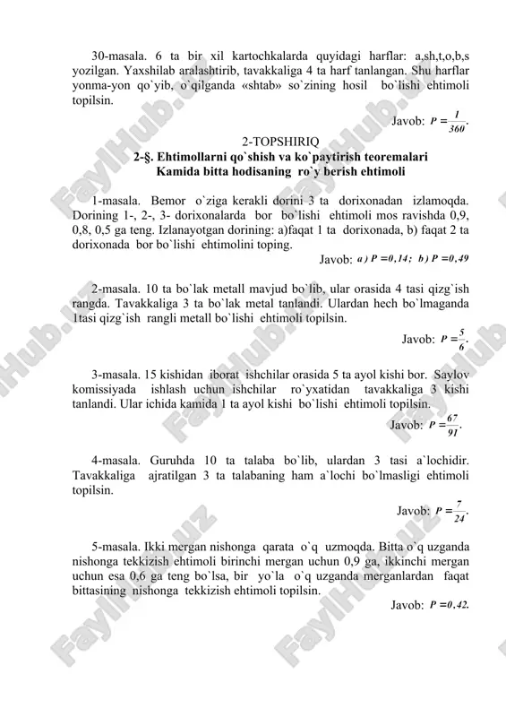 iga 5 ta bilet olingan bo`lsa, ulardan kamida bittasi yutuqli bo`lishi ehtimoli topilsin. javob: 12-masala. idishda 12 ta oq va 8 ta qora sharlar bor. tavakkaliga 2 ta shar olindi. bu sharlar turli rangda bo`lishi ehtimoli topilsin. javob: 13-masala. 10 ta detallar orasida 2 tasi nostandartdir. tavakkaliga olingan 2 ta detallardan kamida 1tasining standart detal bo`lishi ehtimolini toping. javob: . 14-masala. idishda 5 ta mahsulot bo`lib, ulardan 3 tasi yaroqli. tavakkaliga 2 ta mahsulot tanlandi. tanlangan mahsulotlardan hech bo`lmaganda 1 tasi yaroqli bo`lishi ehtimolini toping. javob: 15-masala. buyumlar orasidan tovarshunos oliy nav buyumlarni ajratmoqda. tavakkaliga olingan buyumning oliy nav bo`lishi ehtimoli 0,9 ga teng. tekshirilgan uchta buyumdan faqat bittasining oliy nav bol`ishi ehtimolini toping. javob: 16-masala. talaba o`ziga kerakli kitobni 3 ta magazindan izlamoqda. kitobning 1-, 2-, 3- kitob magazinida bo`lishi ehtimollari mos ravishda 0,7, 0,8, 0,9 ga teng bo`lsa, kitobning faqat ikki magazinda bo`lishi ehtimolini toping. javob: 17-masala. agar …