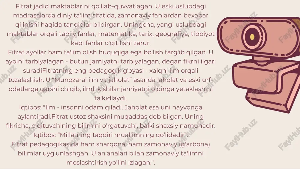 r va ta'lim muhitida ayniqsa faol. fitratning mustaqillik haqidagi qarashlari, ayniqsa yoshlar uchun, o'z- o'zini anglash va mustaqil fikr yuritish katta xavfsizlik ega. milliy g'urur, o'zlikni anglash va madaniyatga hurmat fitratning asosiy g'oyalaridan biri bo'lib, bu bugungi kunda ham o'z ahamiyatini yo'qotmagan. yoshlarni ta'lim va tarbiya masalasida fitratning qarashlari, ayniqsa, bugungi kunda o'quvchilarning intellektual rivojlanishiga katta ta'sir ko'rsatadi. ijtimoiy mas'uliyatni his etish, jamiyat uchun xizmat qilish kabi g'oyalar fitratning rahbarlik haqidagi fikrlarida o'z aksini topgan.jaholatga qarshi kurash va ilmning qudratiga ishonish fitratning g'oya markazdir. e'tiboringiz uchun raxmat